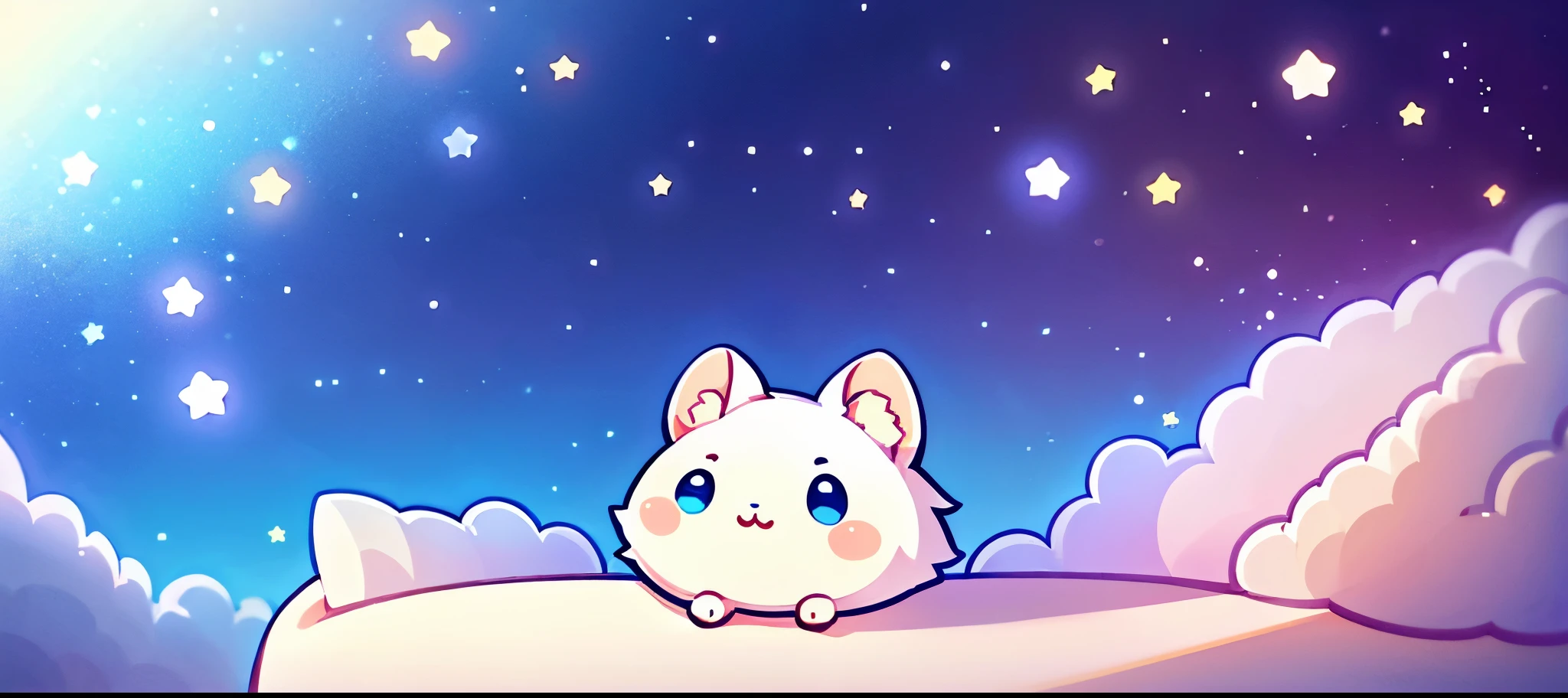 A white hamster is lying on an empty bed, cute digital art, cute eyes of dream animals, A fairyland lying on the white clouds,Are sleeping, dreamy night, cute detailed digital art, sky, Sweet dreams, adorable digital paintings, profile photo,, beautiful and cute, hd wallpaper, nice and cute