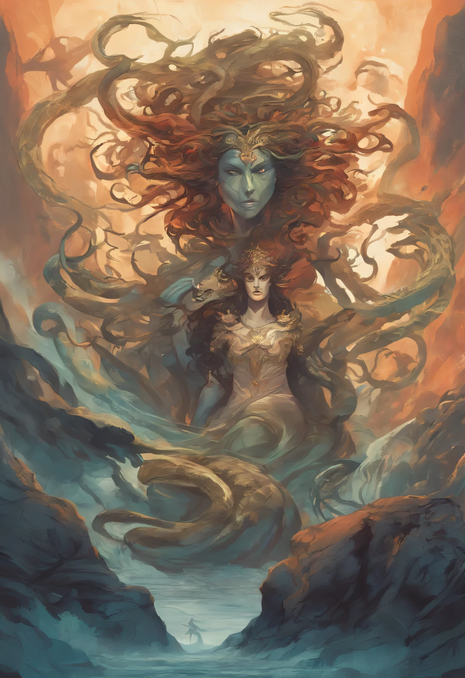 Create a powerful representation of the Greek mythological creature., Medusa, through brushstrokes of oil. Imagina a Medusa en toda su majestuosidad y terror, con su cabello de serpientes retorcidas y su mirada petrificante. Pinta un fondo que evoca el misterio y la oscuridad del mundo en el que habita, tal vez un entorno rocoso o un paisaje nocturno. Utiliza una paleta de colores intensos y contrastantes para resaltar su naturaleza monstruosa y cautivadora al mismo tiempo. Experiment with textures and techniques to bring this legendary figure from Greek mythology to life., Capturing its essence and visual impact in a dramatic and evocative way..