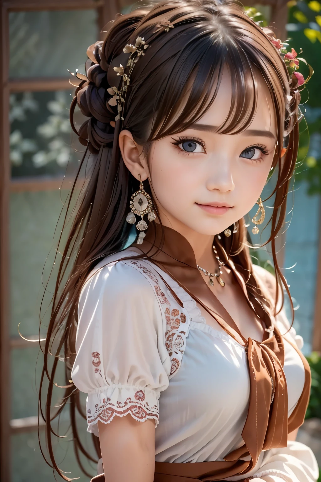 ((sfw: 1.4)), (sfw,She is wearing a long white embroidered skirt, a red blouse with lace, a white apron tied around her waist, blue socks, and brown leather shoes.A blue scarf is on her head. Yes, her accessories include necklaces, earrings, and bracelets. 1 Girl)), Ultra High Resolution, (Realistic: 1.4), RAW Photo, Best Quality, (Photorealistic Stick), Focus, Soft Light, ((15 years old)), (( (young face))), (surface), (depth of field), masterpiece, (realistic), woman, bangs, ((1 girl))