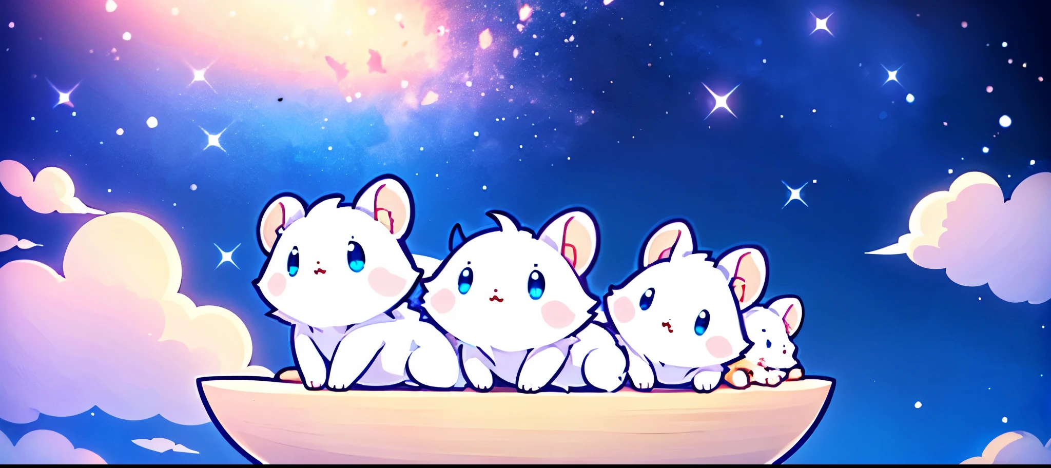 A white hamster is lying on an empty bed, cute digital art, cute eyes of dream animals, A fairyland lying on the white clouds,Are sleeping, dreamy night, cute detailed digital art, sky, Sweet dreams, adorable digital paintings, profile photo,, beautiful and cute, hd wallpaper, nice and cute