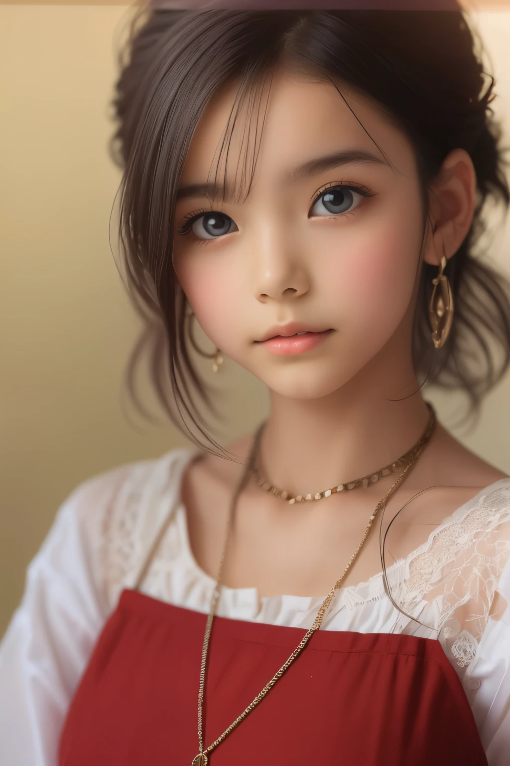 ((sfw: 1.4)), (sfw,She is wearing a long white embroidered skirt, a red blouse with lace, a white apron tied around her waist, blue socks, and brown leather shoes.A blue scarf is on her head. Yes, her accessories include necklaces, earrings, and bracelets. 1 Girl)), Ultra High Resolution, (Realistic: 1.4), RAW Photo, Best Quality, (Photorealistic Stick), Focus, Soft Light, (()), (( (young face))), (surface), (depth of field), masterpiece, (realistic), woman, bangs, ((1 girl))