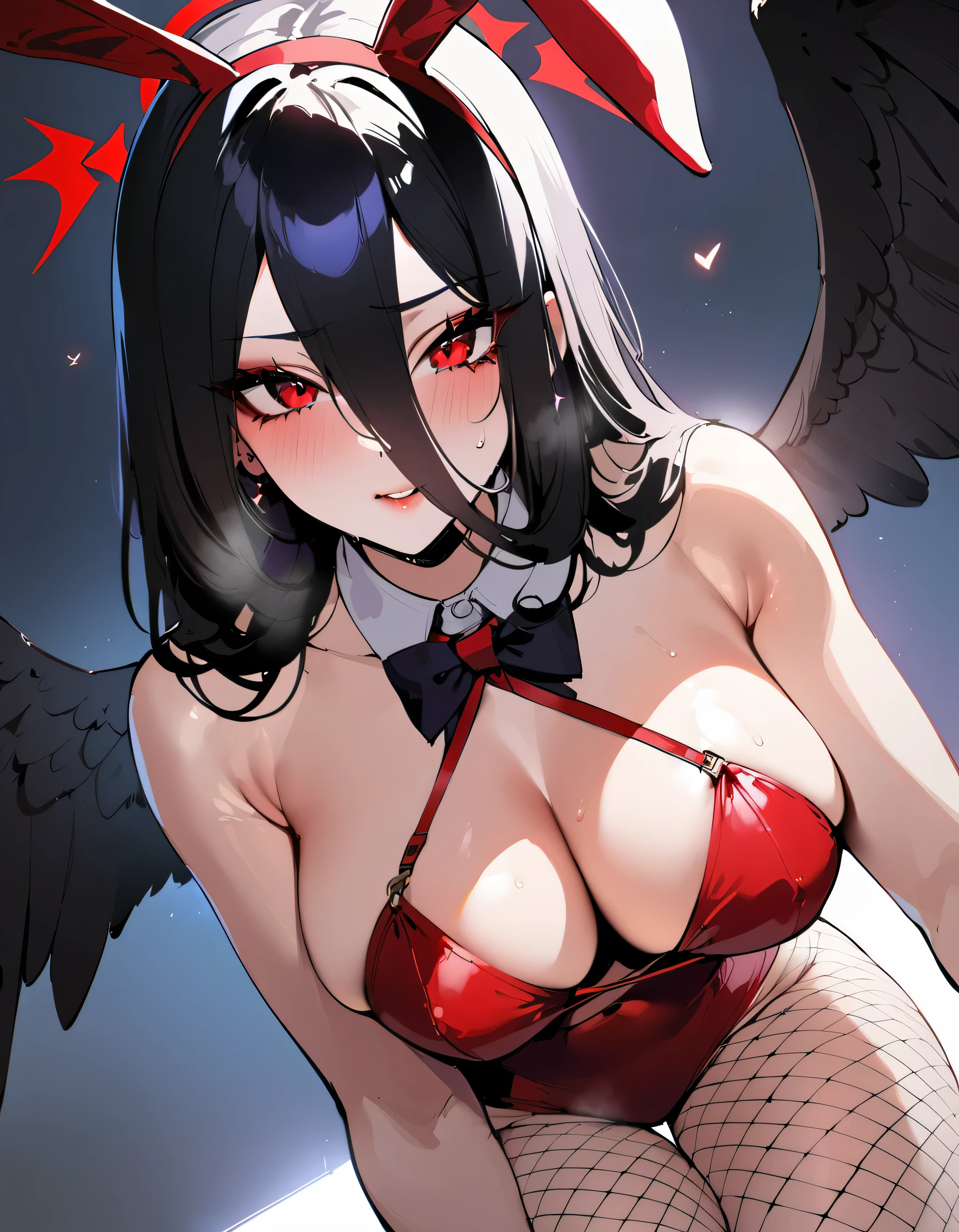 1 girl, Hasumi \(blue archive\), blue archive,Masterpiece, Best quality, newest, ||||| from the nanny, author: omone hokoma agm|||||| , , slender body, ,, Perfect body,, black wings, Black Rabbit Costume, dark atmosphere,, fishnet body stockings,seductive, Bunny ears, best eyes, detailed eyes, преRed eyes, Red eyes