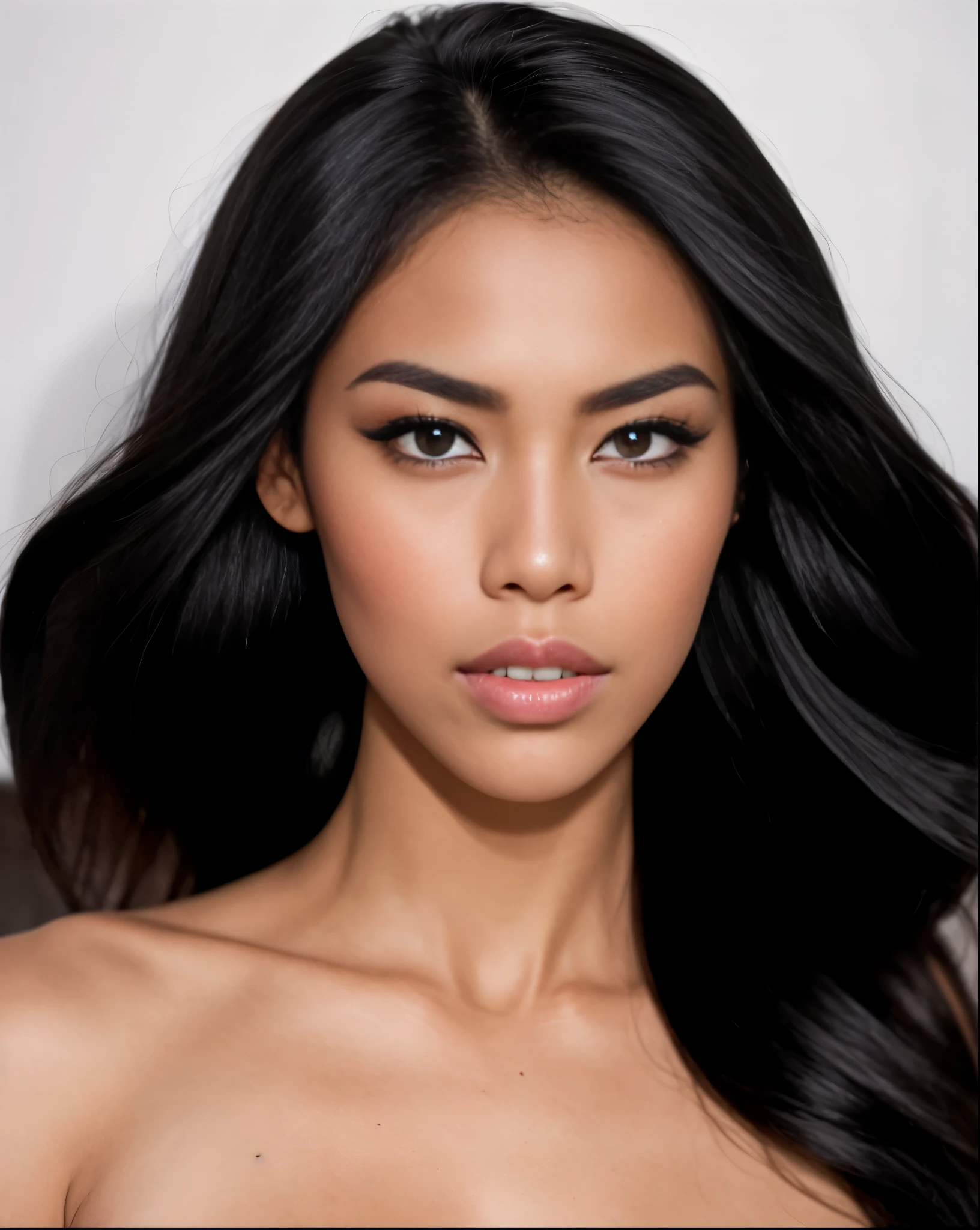 um close de uma mulher com longos cabelos pretos e fundo branco, cindy avelino, beleza de cair o queixo, beleza de cair o queixo, rosto sexy com maquiagem completa, lindo rosto latina, mai anh tran, o rosto de absurdamente lindo, rosto extremamente lindo, Violeta Myers, por Robbie Trevino, flawless face, by Byron Galvez