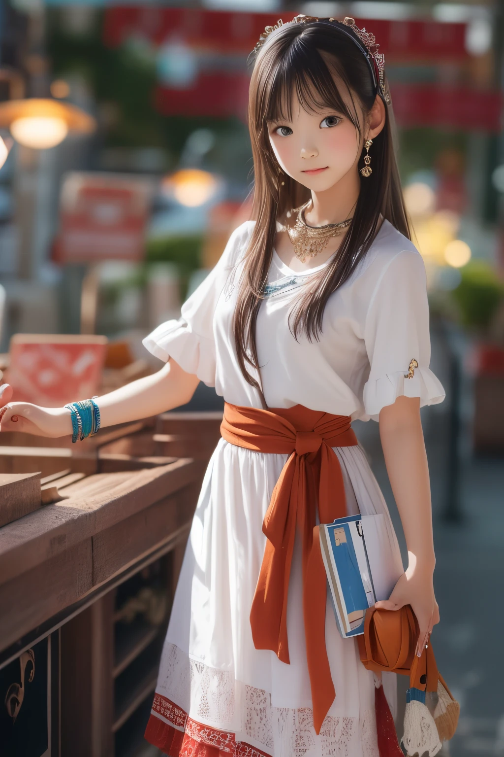 ((sfw: 1.4)), (sfw,She is wearing a long white embroidered skirt, a red blouse with lace, a white apron tied around her waist, blue socks, and brown leather shoes.A blue scarf is on her head. Yes, her accessories include necklaces, earrings, and bracelets. 1 Girl)), Ultra High Resolution, (Realistic: 1.4), RAW Photo, Best Quality, (Photorealistic Stick), Focus, Soft Light, ((15 years old)),  ((Japanese)), (( (young face))), (surface), (depth of field), masterpiece, (realistic), woman, bangs, ((1 girl))