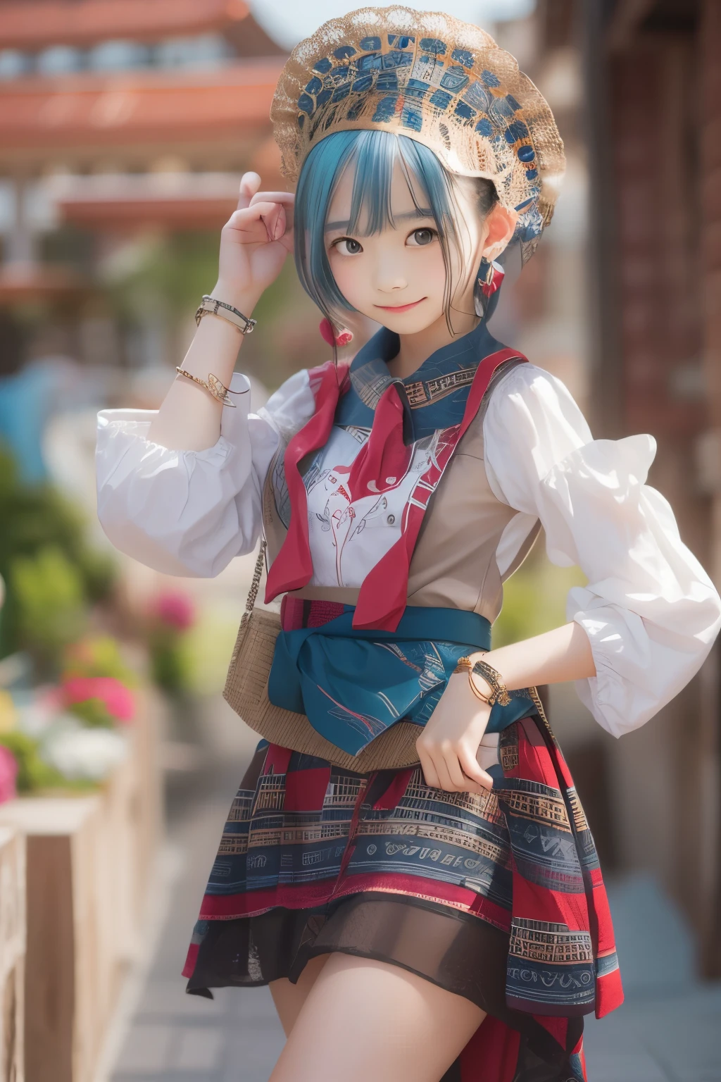 ((sfw: 1.4)), (sfw,She is wearing a long white embroidered skirt, a red blouse with lace, a white apron tied around her waist, blue socks, and brown leather shoes.A blue scarf is on her head. Yes, her accessories include necklaces, earrings, and bracelets. 1 Girl)), Ultra High Resolution, (Realistic: 1.4), RAW Photo, Best Quality, (Photorealistic Stick), Focus, Soft Light, (()), ((Japanese)), (( (young face))), (surface), (depth of field), masterpiece, (realistic), woman, bangs, ((1 girl))