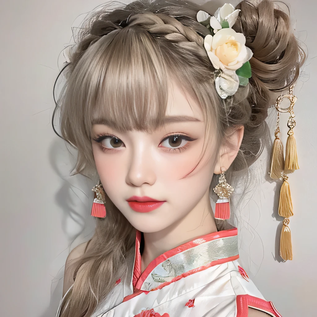 (8k)、(best image quality:1.5)、gray background、close up of face、1girl、masterpiece、delicate and sharp eyes、brown eyes、eye power、delicate face、cup、fascinating face、platinum blonde hair、Semi-long wave、chinese cheongsam、white cheongsam、Chinese dress that shows the collarbone、gal、Emphasis on the clavicle、earrings、