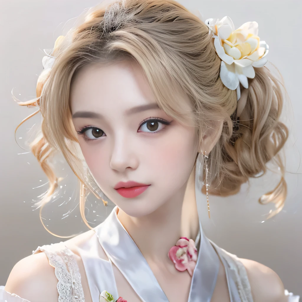 (8k)、(best image quality:1.5)、gray background、close up of face、1girl、masterpiece、delicate and sharp eyes、brown eyes、eye power、delicate face、cup、fascinating face、platinum blonde hair、Semi-long wave、chinese cheongsam、white cheongsam、Chinese dress that shows the collarbone、gal、Emphasis on the clavicle、earrings、