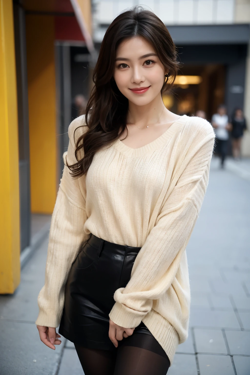 ulzzang-6500-v1.1,(highest quality: 1.3), (masterpiece: 1.3), (Super detailed: 1.3), (genuine:1.4), (muste piece), Girl VN01, 1 girl, (smile:1.4) amazingly beautiful girl, Deluxe_couture, designer dresses, オートcoutureの着用, pose for a photo, fashion show, (super realistic pantyhose:1.3), elongated face, anger, crazy, pitch black eyes, side swept hair, short hair, long curly hair, catwalk \(sidewalk\),  , colorful, bright colors, highest quality, absurd, highest quality, amazing details, 8k, beautiful,