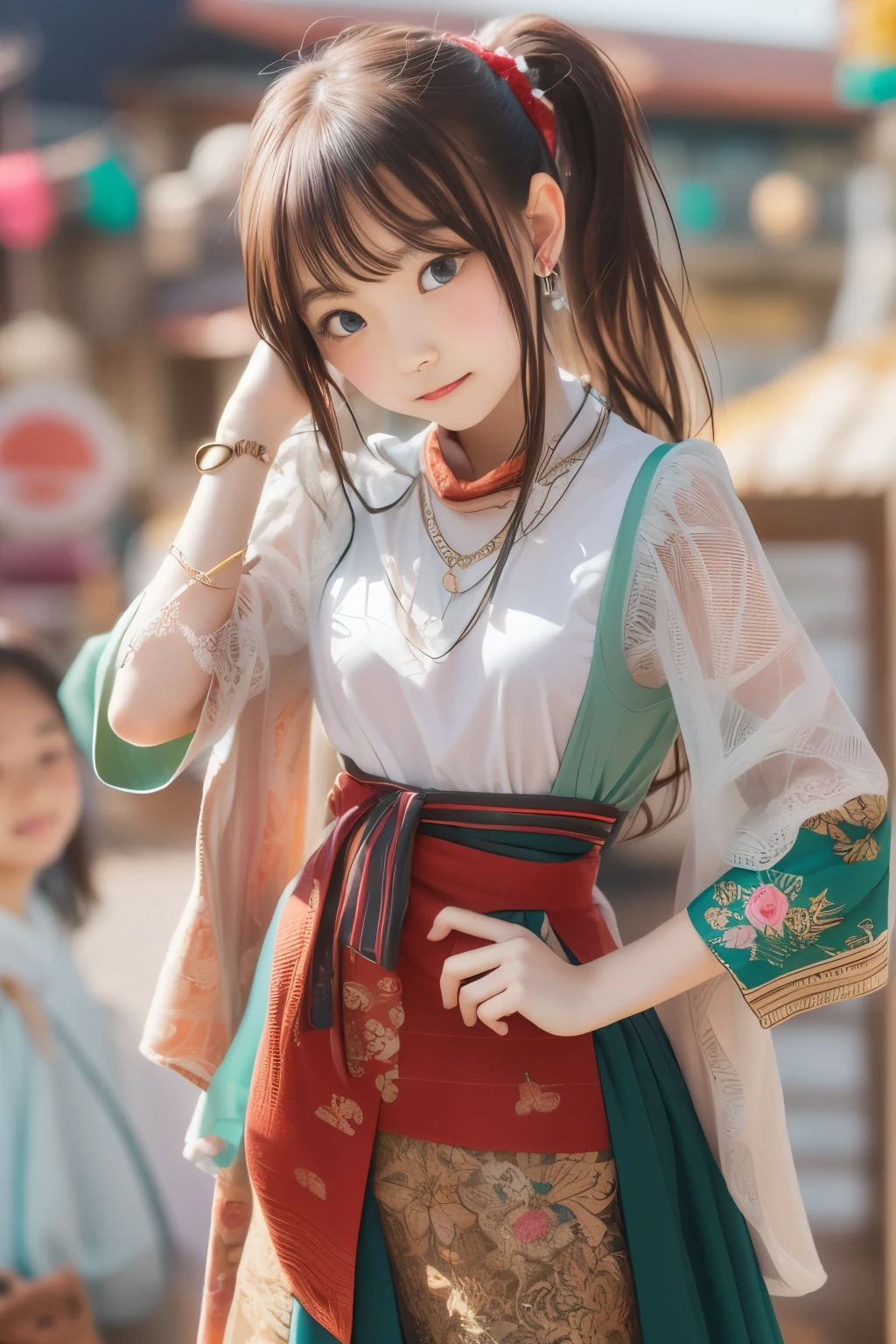 ((sfw: 1.4)), (sfw,She is wearing a long white embroidered skirt, a red blouse with lace, a white apron tied around her waist, blue socks, and brown leather shoes.A blue scarf is on her head. Yes, her accessories include necklaces, earrings, and bracelets. ponytail-hair, 1 Girl)), Ultra High Resolution, (Realistic: 1.4), RAW Photo, Best Quality, (Photorealistic Stick), Focus, Soft Light, ((15 years old)), ((Japanese)), (( (young face))), (surface), (depth of field), masterpiece, (realistic), woman, bangs, ((1 girl))