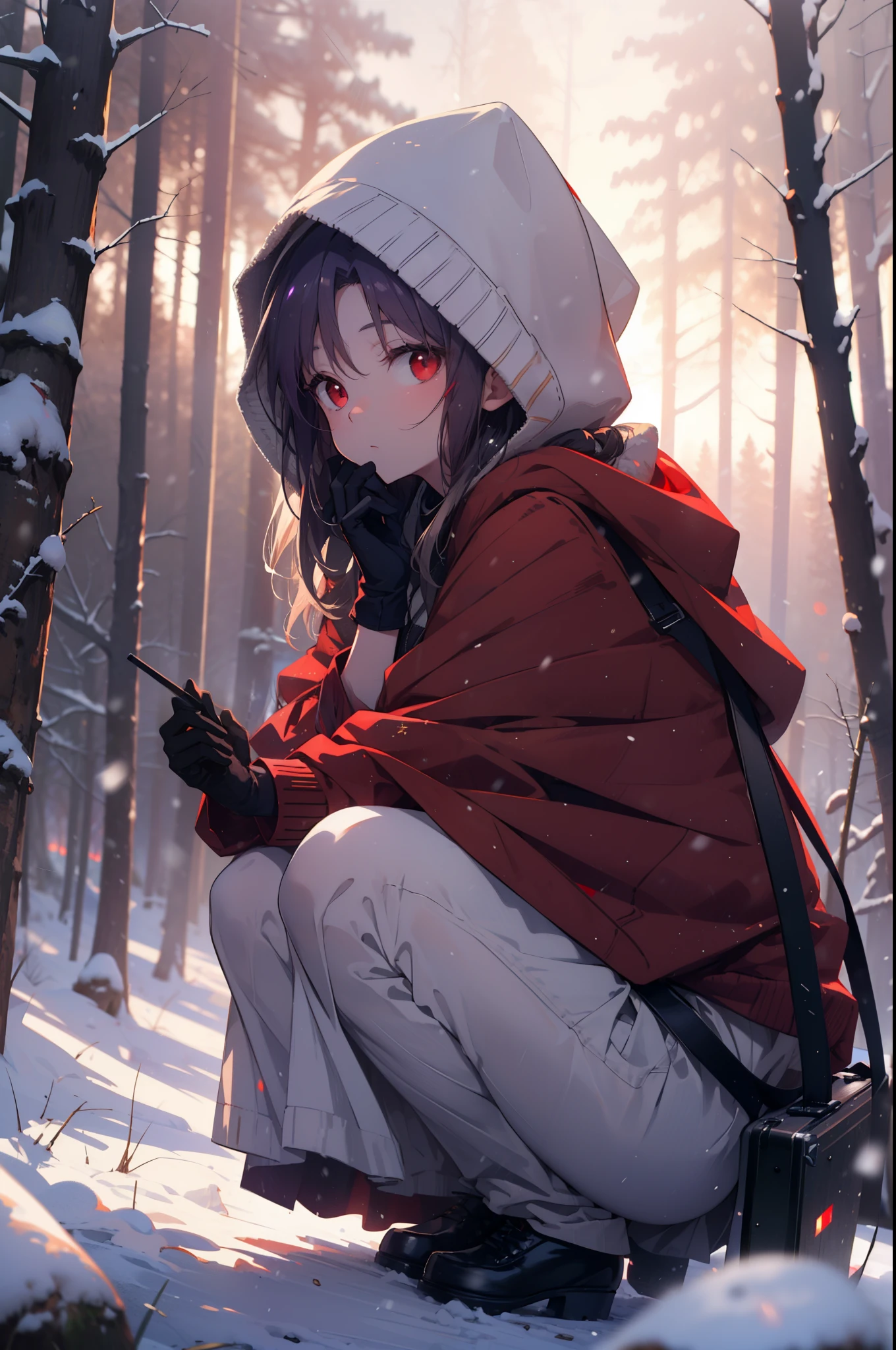 yuukikonno, Yuki Konno, hair band, long hair, pointed ears, purple hair, (red eyes:1.5), (small breasts:1.2), open your mouth,snow, hood, fire, outdoors, boots, snowing, From the side, wood, suitcase, cloak, blurry, hood up, forest, gloves, nature, brown eyes, red gloves, squat, closed mouth, hooded cloak, winter, Depth of the bounds written, black shoes, red cloak
break looking at viewer, Upper body, whole body,
break outdoors, forest, nature,
break (masterpiece:1.2), highest quality, High resolution, unity 8k wallpaper, (figure:0.8), (detailed and beautiful eyes:1.6), highly detailed face, perfect lighting, Very detailed CG, (perfect hands, perfect anatomy),