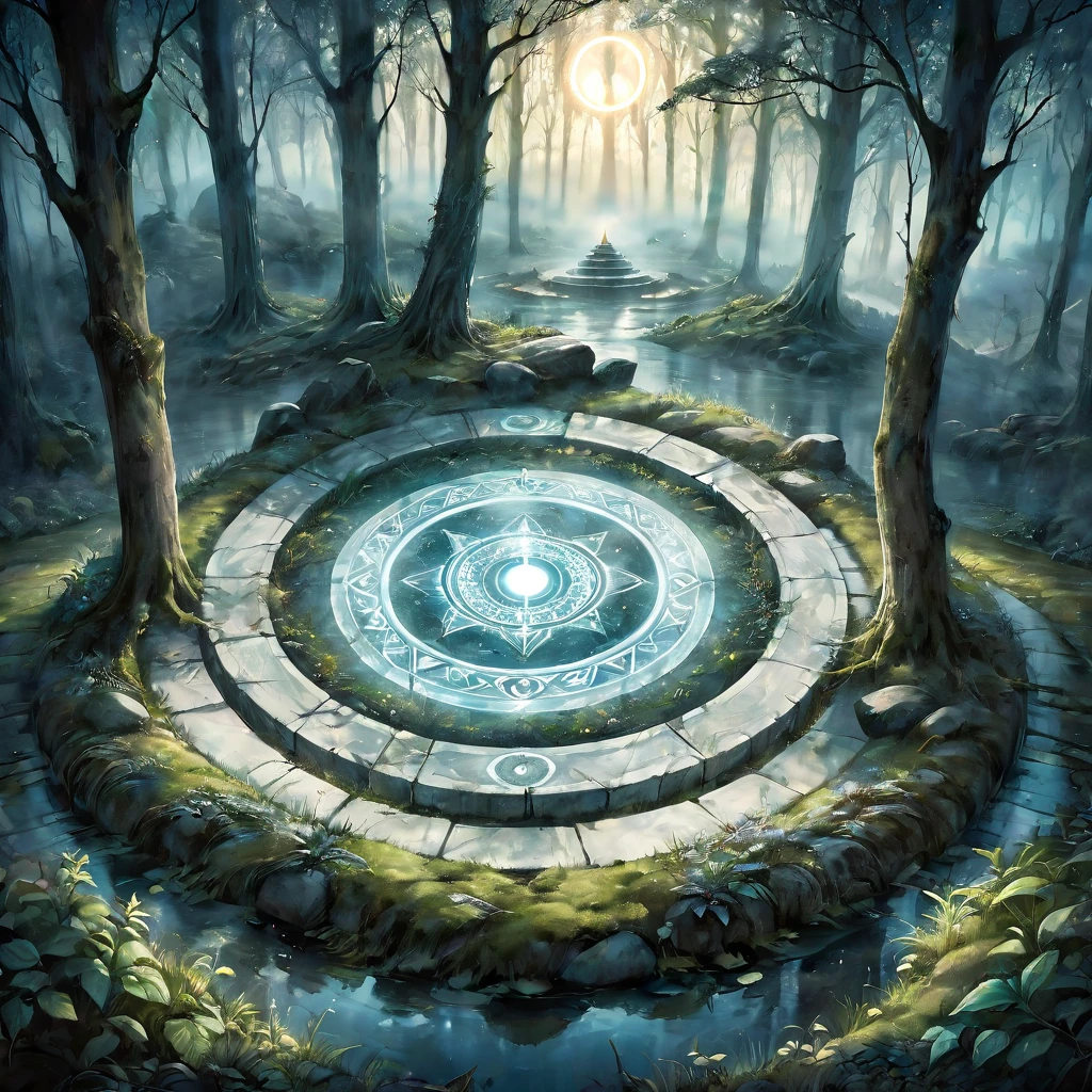(Magic Circle:1.5), aesthetic, extremely detailed, Fantastic, Illustration, mid shot, Magic Circle, intrigued, (mystical energies:1.2) swirling within, ancient stone circle, misty forest, soft glow, two tone lighting, dim light, fantasy, contrast, watercolors, fairycore, dreamcore, Adi Granov, Brian Froud, John Jude Palencar.