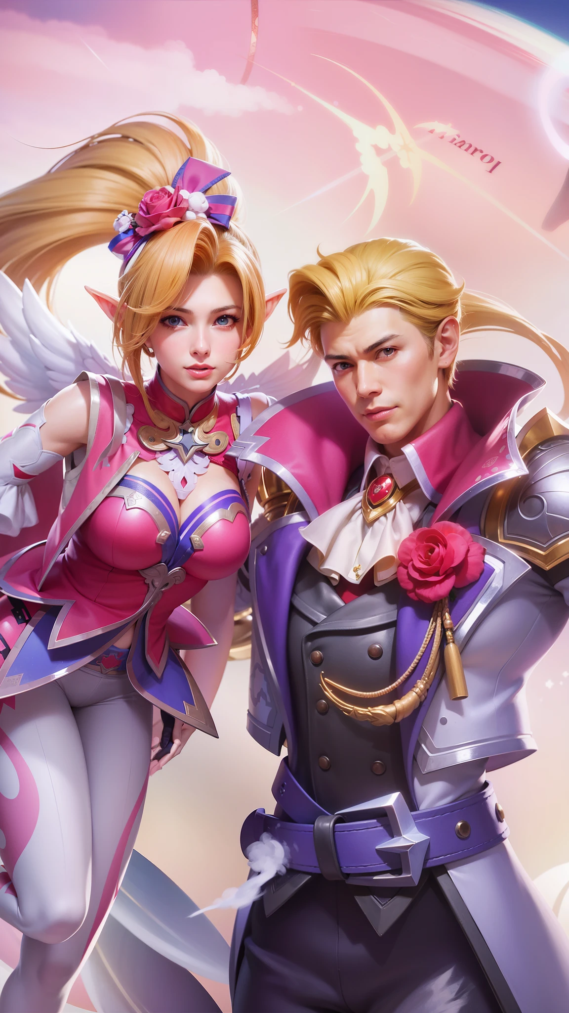 two man and woman, anime characters are standing next to each other, artgerm and ben lo, ruan jia and artgerm, range murata and artgerm, artgerm and genzoman, jazza and rossdraws, stephen lau and artgerm, artgerm detailed, artgerm', artgerm and ruan jia, detail background, 4k walpaper, blue eyes, brown hair, smile, elf ear.