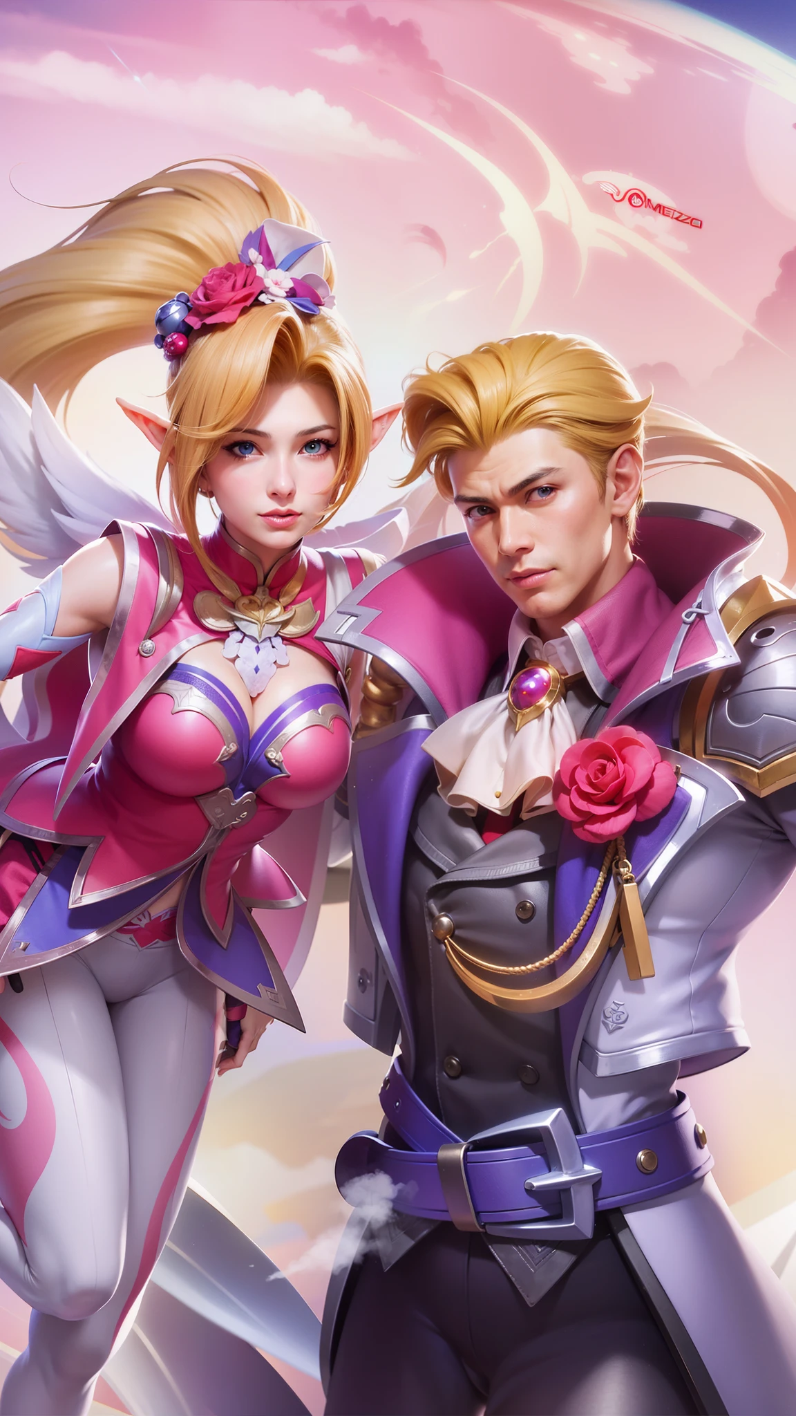 two man and woman, anime characters are standing next to each other, artgerm and ben lo, ruan jia and artgerm, range murata and artgerm, artgerm and genzoman, jazza and rossdraws, stephen lau and artgerm, artgerm detailed, artgerm', artgerm and ruan jia, detail background, 4k walpaper, blue eyes, brown hair, smile, elf ear.