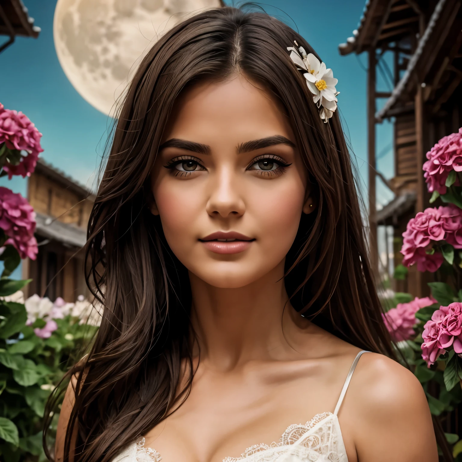 (masterpiece),(best quality), illustration, (fantasy:1.4), brown long hair, long eye lashes, solid circle eyes, light smile, Surrealism, drop shadow, anaglyph, stereogram, atmospheric perspective, 8k, super detail, accurate, best quality, UHD, textured skin, long dress, a moon, flowers , paper_cut