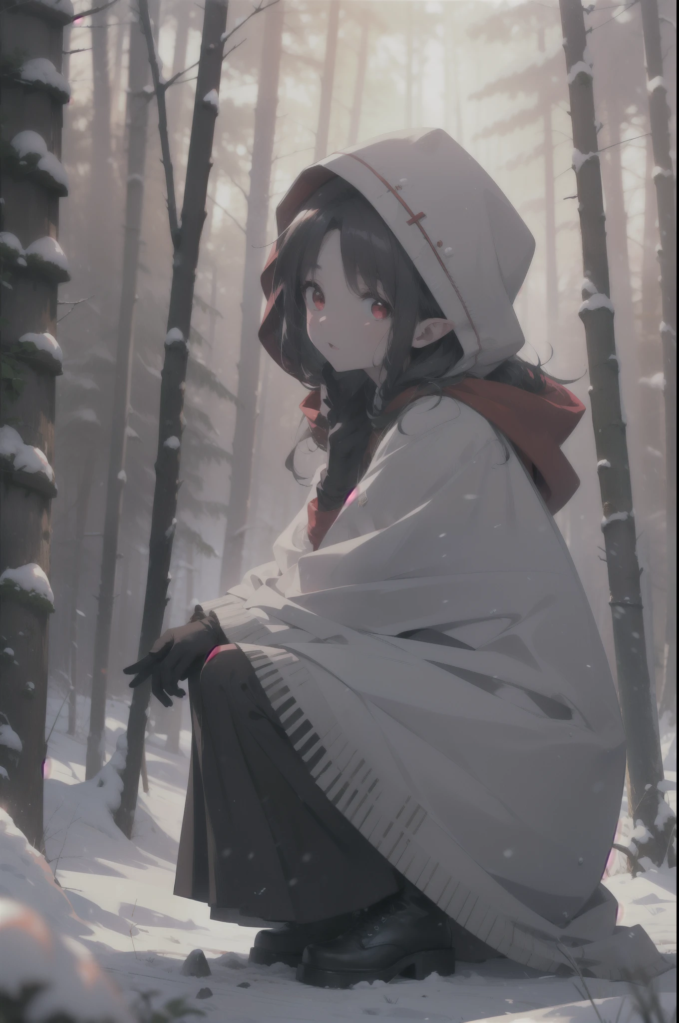yuukikonno, Yuki Konno, hair band, long hair, pointed ears, purple hair, (red eyes:1.5), (small breasts:1.2), open your mouth,snow, hood, fire, outdoors, boots, snowing, From the side, wood, suitcase, cloak, blurry, hood up, forest, gloves, nature, brown eyes, red gloves, squat, closed mouth, hooded cloak, winter, Depth of the bounds written, black shoes, red cloak
break looking at viewer, Upper body, whole body,
break outdoors, forest, nature,
break (masterpiece:1.2), highest quality, High resolution, unity 8k wallpaper, (figure:0.8), (detailed and beautiful eyes:1.6), highly detailed face, perfect lighting, Very detailed CG, (perfect hands, perfect anatomy),