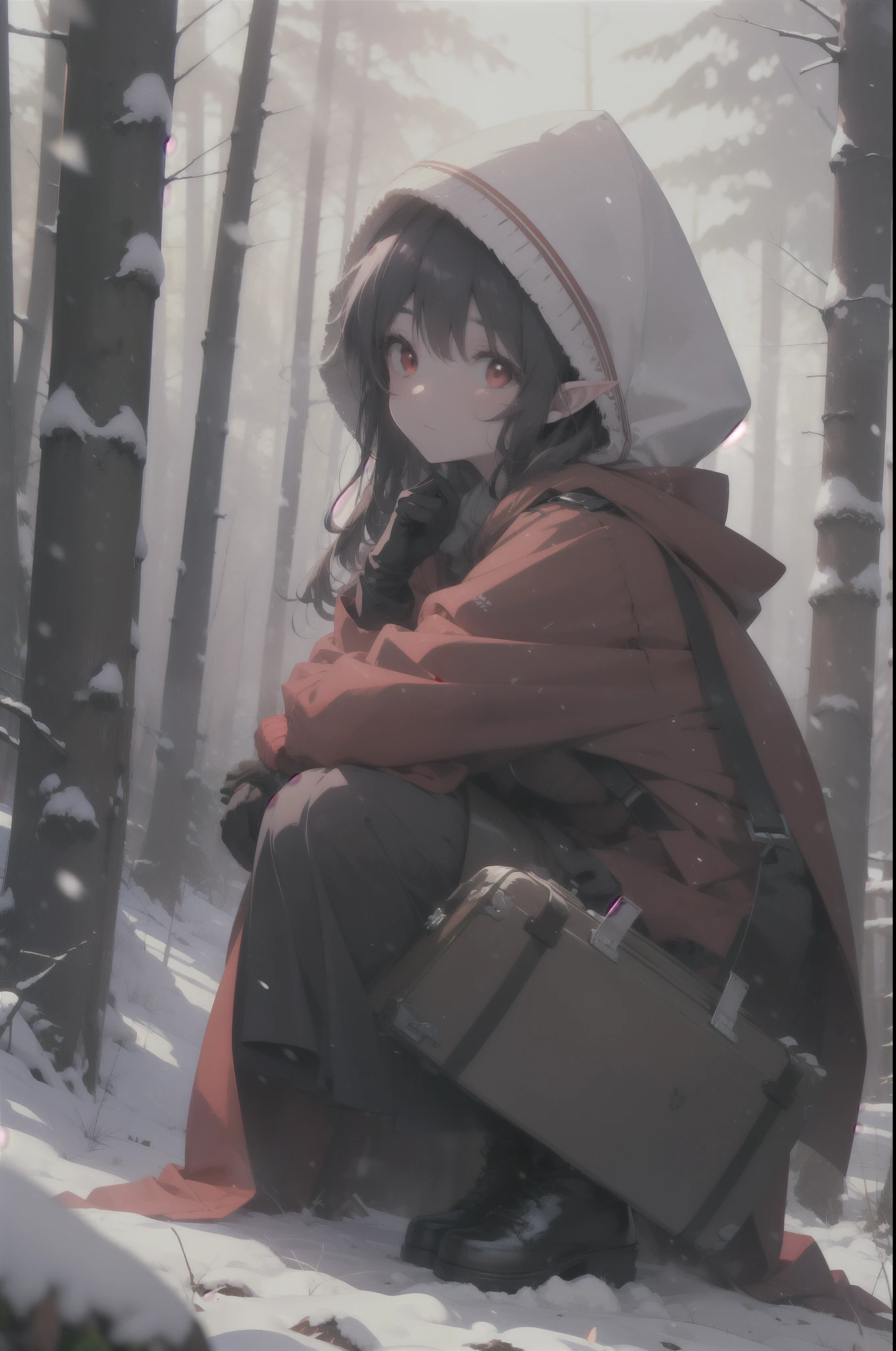 yuukikonno, Yuki Konno, hair band, long hair, pointed ears, purple hair, (red eyes:1.5), (small breasts:1.2), open your mouth,snow, hood, fire, outdoors, boots, snowing, From the side, wood, suitcase, cloak, blurry, hood up, forest, gloves, nature, brown eyes, red gloves, squat, closed mouth, hooded cloak, winter, Depth of the bounds written, black shoes, red cloak
break looking at viewer, Upper body, whole body,
break outdoors, forest, nature,
break (masterpiece:1.2), highest quality, High resolution, unity 8k wallpaper, (figure:0.8), (detailed and beautiful eyes:1.6), highly detailed face, perfect lighting, Very detailed CG, (perfect hands, perfect anatomy),