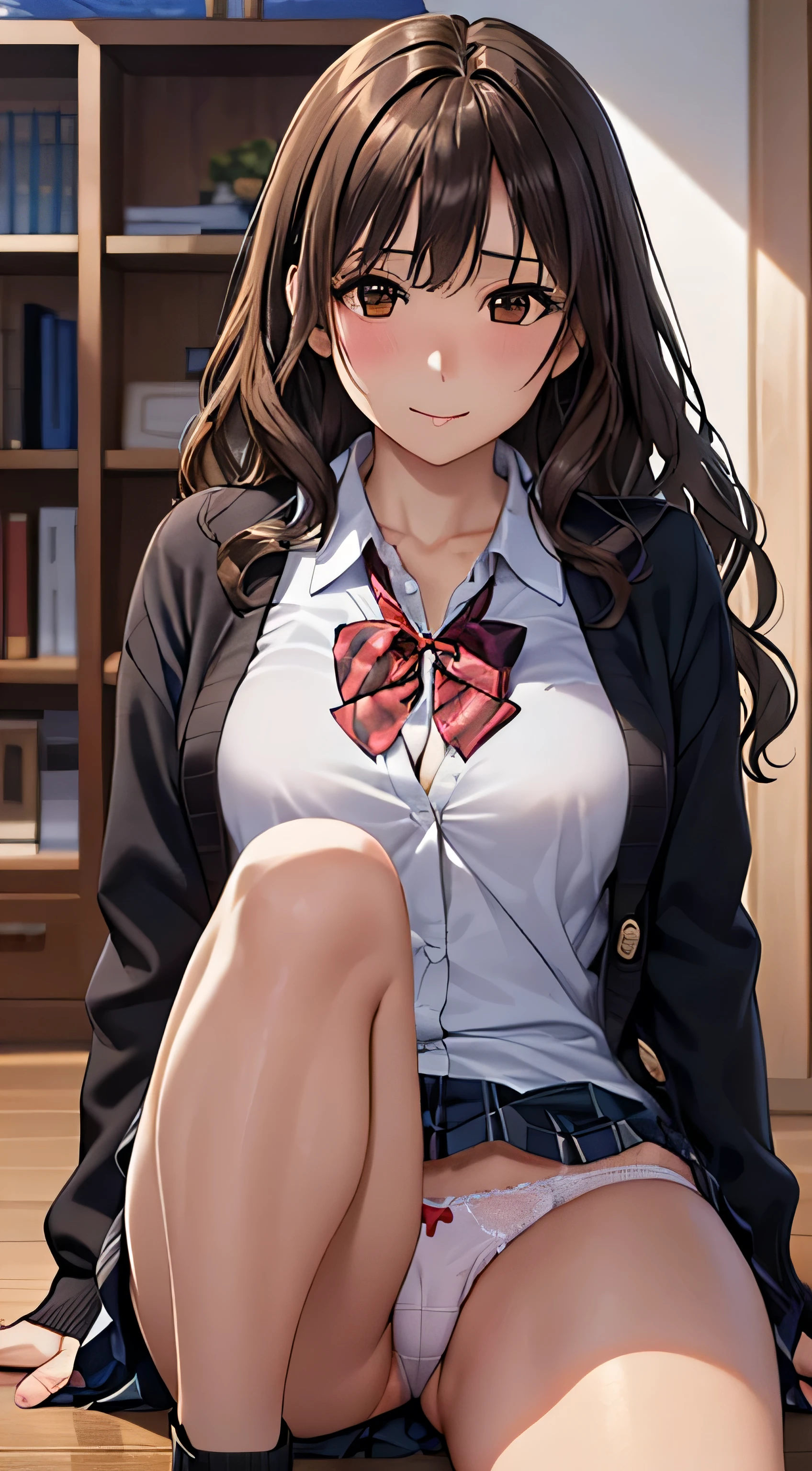 (table top, highest quality, High resolution, , perfect pixel, 4k,), 1 girl, single, alone, Beautiful woman、I could see the whole body、 ((wavy middle hair, bangs, brown hair)), ((brown eyes, beautiful eyelashes, realistic eyes)), ((detailed face, blush:1.2)), ((smooth texture:0.75, realistic texture:0.65, realistic:1.1, Anime CG style)), medium breasts, dynamic angle, perfect body, ((red bow tie, school uniform, black jacket, open jacket,cardigan, white shirt, black skirt, shirt unbuttoned、plaid skirt)), upper grade、shy smile、In front of the bookshelves in the library、evening、Sit on the floor、(open your legs、get down on one knee、、floral lace panties、show panties)、