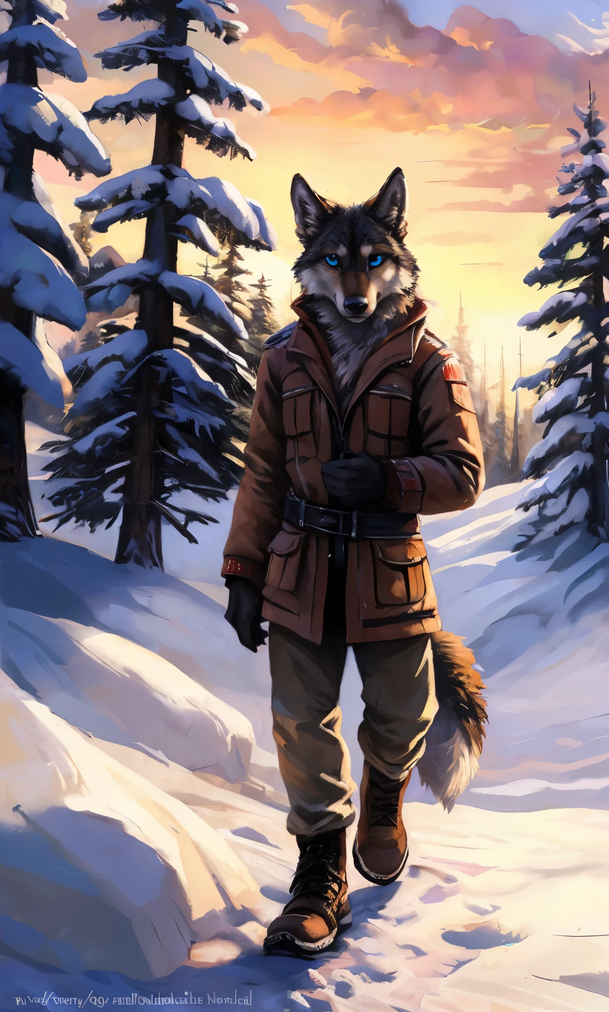((Solo)), male people, anthro wolf, (Multi-colored fur, White-brown:1.3，White tail pointed), (Height 2.1m,Tail length 1.2m), ((Wolf face, Big eyes, White eyelids, Blue pupil, Slim:1.2) (Tough, Calm expression:1.2)), Slim, pinging)), (Correct anatomy), (Winter clothing:1.1), The upper body  naked, (detailed outfits),A long big tail，Feet，(Realistic fur, Detailed fur texture, labeled:1.3)), (Natural lighting), Photorealistic, Hyperrealistic, ultradetailed, by Kenket，Snowfield，erect through，Running on