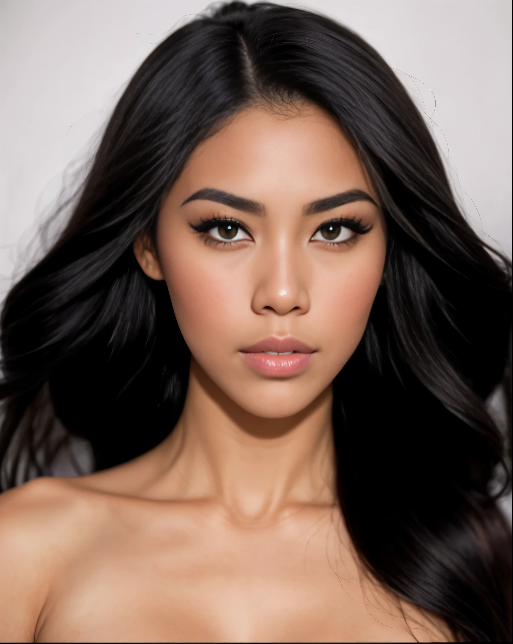 um close de uma mulher com longos cabelos pretos e fundo branco, cindy avelino, beleza de cair o queixo, beleza de cair o queixo, rosto sexy com maquiagem completa, lindo rosto latina, mai anh tran, o rosto de absurdamente lindo, rosto extremamente lindo, Violeta Myers, por Robbie Trevino, flawless face, by Byron Galvez