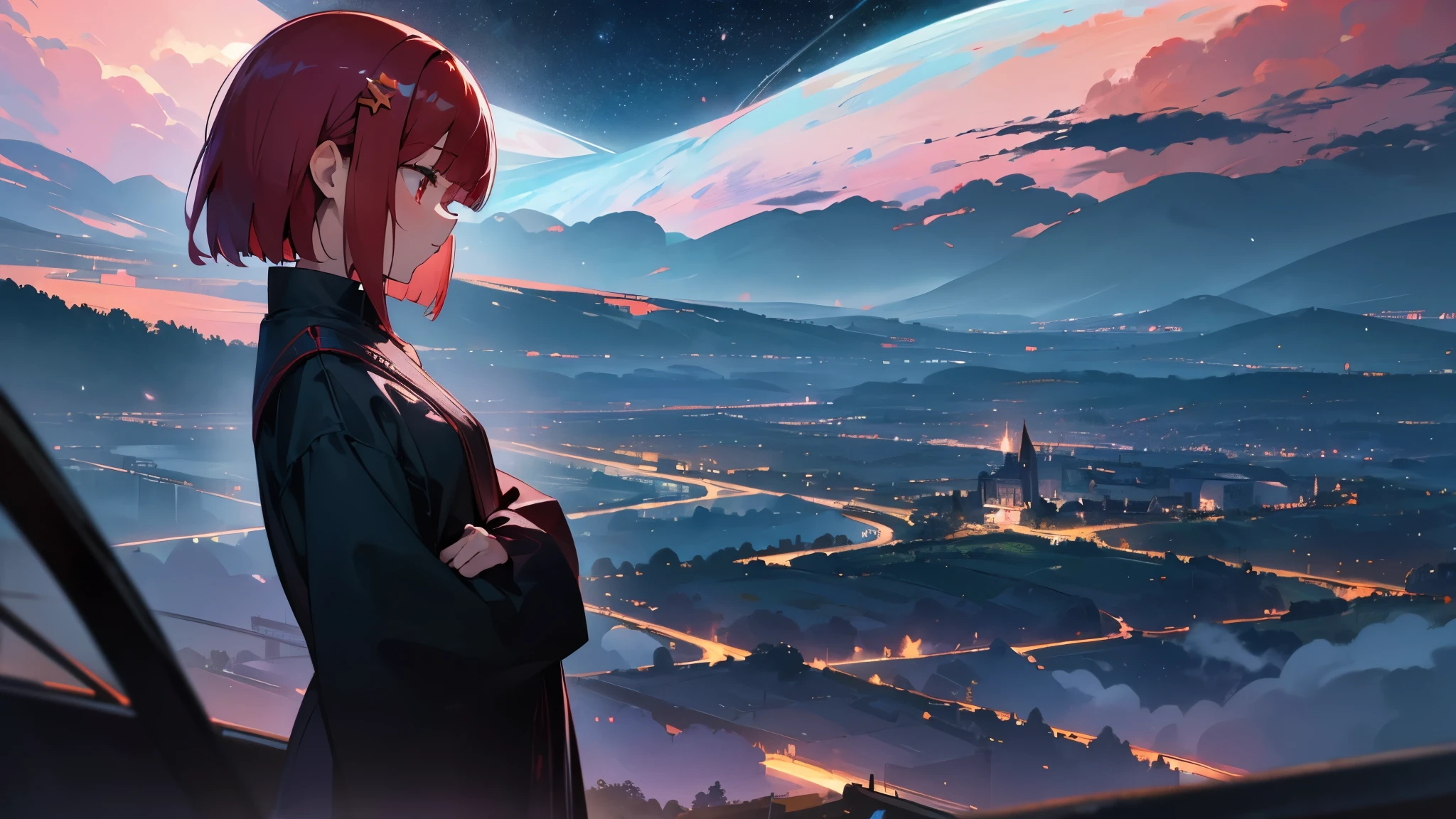 night、 rain、one cute girl、profile、Red hair、red eye、bob、bangs, cute hair ornament, 4K、Make the girl's face cute and clear, highest quality、anime style、masterpiece、((beautiful girl)) 4K 8K:: realistic, Lonely, lonely, spectacular scenery, Lofi, cosmic horror feeling, anatomically correct, Visually correct, spectacular scenery, Town lights, 1 girl, spectacular scenery