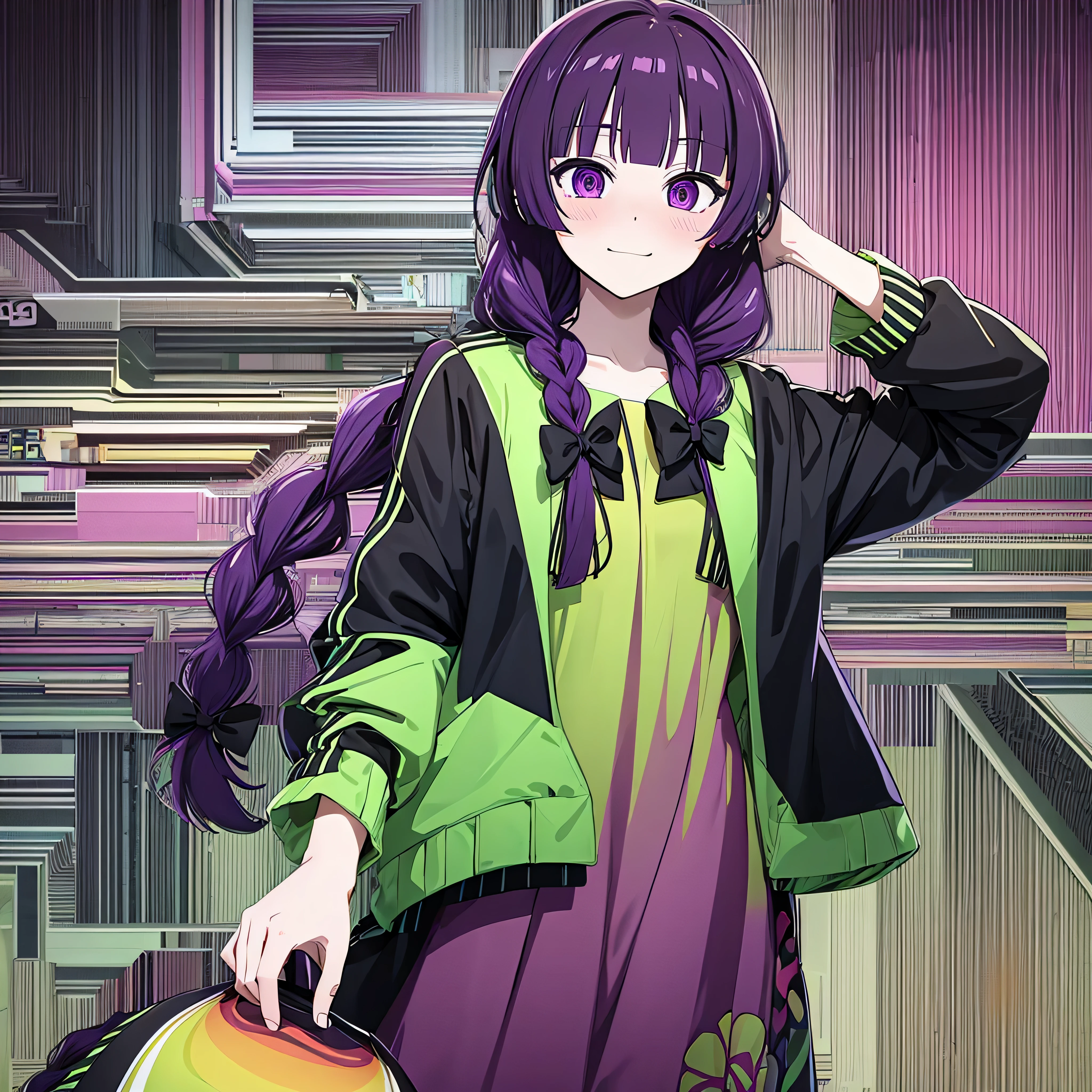  wallpaper, abstract background, psychedelic, psychedelic rock style, colourful,hiroi_kikuri, long hair, braid, hair over shoulder, blunt bangs, single braid, hair bow, bow, dress, black bow, green dress, jacket, open jacket, open clothes, detailed eyes, crazy eyes, violet eyes, high quality