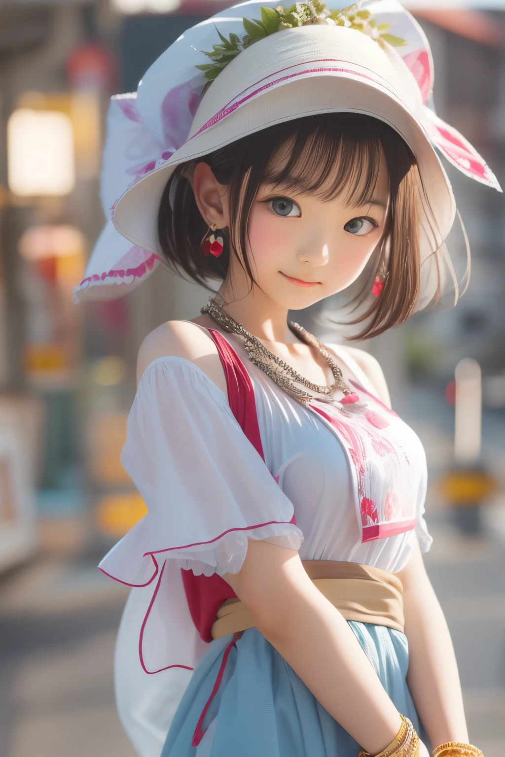 ((sfw: 1.4)), (sfw,She is wearing a long white embroidered skirt, a red blouse with lace, a white apron tied around her waist, blue socks, and brown leather shoes.A blue scarf is on her head. Yes, her accessories include necklaces, earrings, and bracelets. short-hair, 1 Girl)), Ultra High Resolution, (Realistic: 1.4), RAW Photo, Best Quality, (Photorealistic Stick), Focus, Soft Light, ((15 years old)),  ((Japanese)), (( (young face))), (surface), (depth of field), masterpiece, (realistic), woman, bangs, ((1 girl))