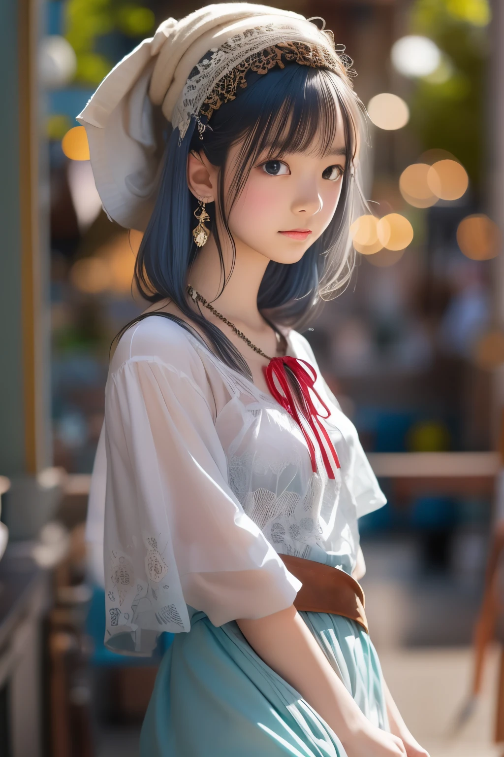 ((sfw: 1.4)), (sfw,She is wearing a long white embroidered skirt, a red blouse with lace, a white apron tied around her waist, blue socks, and brown leather shoes.A blue scarf is on her head. Yes, her accessories include necklaces, earrings, and bracelets. short-hair, 1 Girl)), Ultra High Resolution, (Realistic: 1.4), RAW Photo, Best Quality, (Photorealistic Stick), Focus, Soft Light, ((15 years old)),  ((Japanese)), (( (young face))), (surface), (depth of field), masterpiece, (realistic), woman, bangs, ((1 girl))