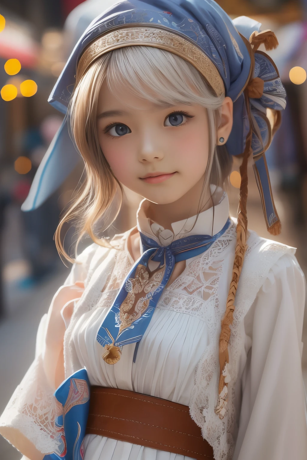 ((sfw: 1.4)), (sfw,She is wearing a long white embroidered skirt, a red blouse with lace, a white apron tied around her waist, blue socks, and brown leather shoes.A blue scarf is on her head. Yes, her accessories include necklaces, earrings, and bracelets. short-hair, 1 Girl)), Ultra High Resolution, (Realistic: 1.4), RAW Photo, Best Quality, (Photorealistic Stick), Focus, Soft Light, ((15 years old)),  ((Japanese)), (( (young face))), (surface), (depth of field), masterpiece, (realistic), woman, bangs, ((1 girl))