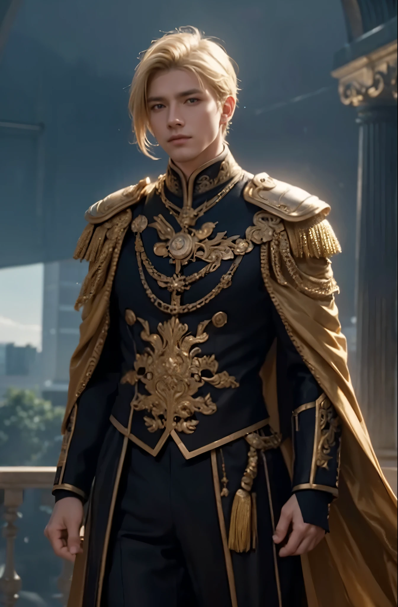 beautiful german serous young man, blonde medium haircut, golden epolets, elegant futuristic imperator costume {{{Nanjing }}},scale:14 steps:30 method:2, HDR, RTX, UHD, perfect, high quality, high detail, cinematic, photorealistic, beautiful, 4K, HDR, full shot, photorealistic, realism, color grading, photography, very detailed, focused, 8k, wallpaper, 32k, super resolution