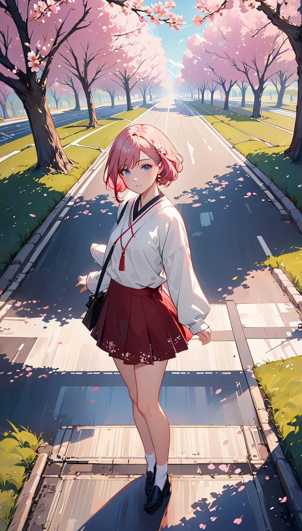 masterpiece, best quality, Super detailed, illustration, wide angle, 1 girl standing in the middle of the road, alone, Middle road and pink cherry blossom trees on the roadside, whole body, 1920s, pink hair, sweater, short skirt, Fashion,, work, balance, , rhythm, color, Light, shadow, reflection, refraction, Tone, contrast, prospect, middle ground, background, naturalistic, Figurative, Representative.