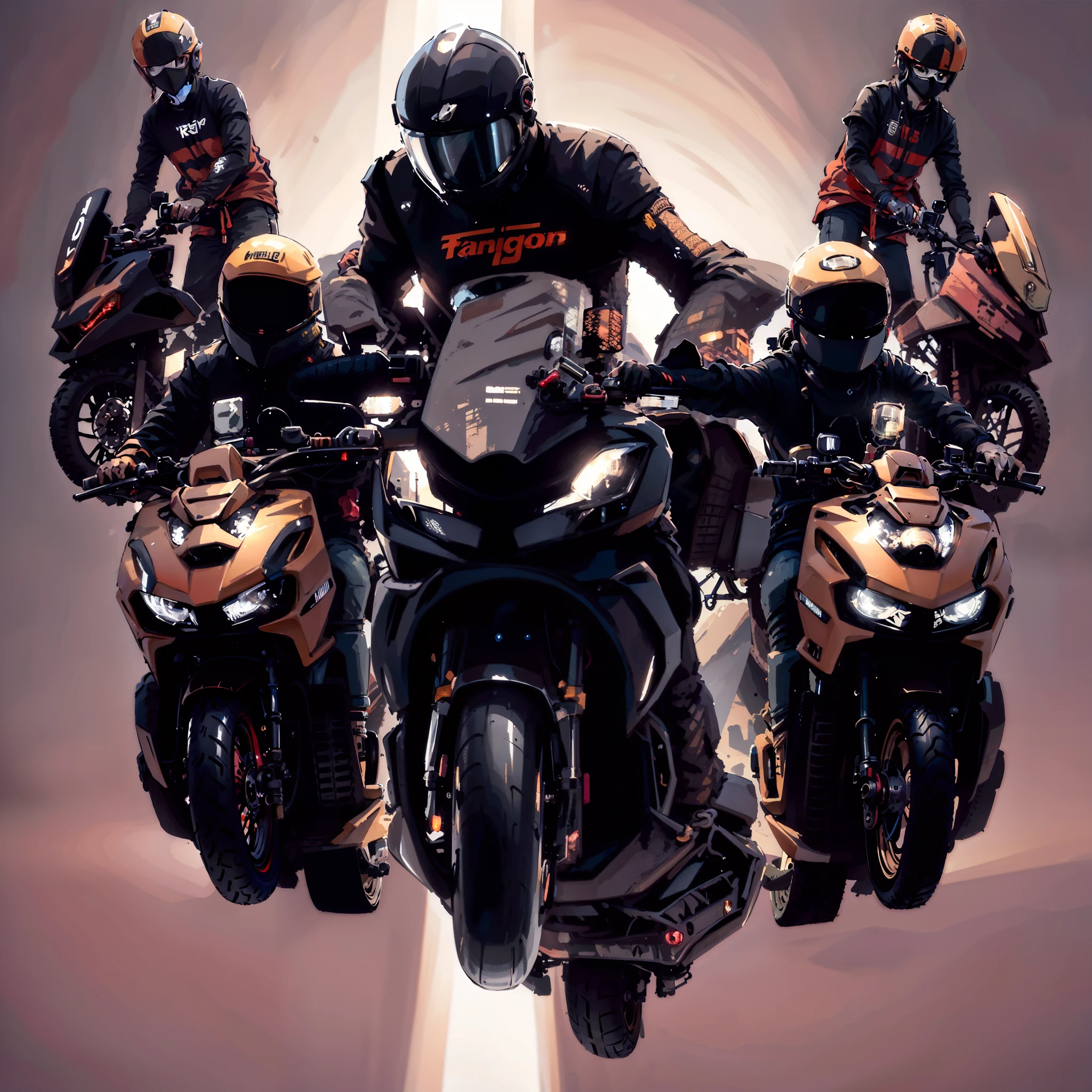 Sunset, road background, motorcycle, happy, several people riding motorcycles on a black background with a black background, touring, motorcycles, triumph, front perspective, illustrative!!, r6, high quality picture, motorbiker, intense look, avatar image, motorbike, speed, kawasaki, by Jens Søndergaard, motorcycle, portrait n - 9, front shot, photo shot, highend, uploaded