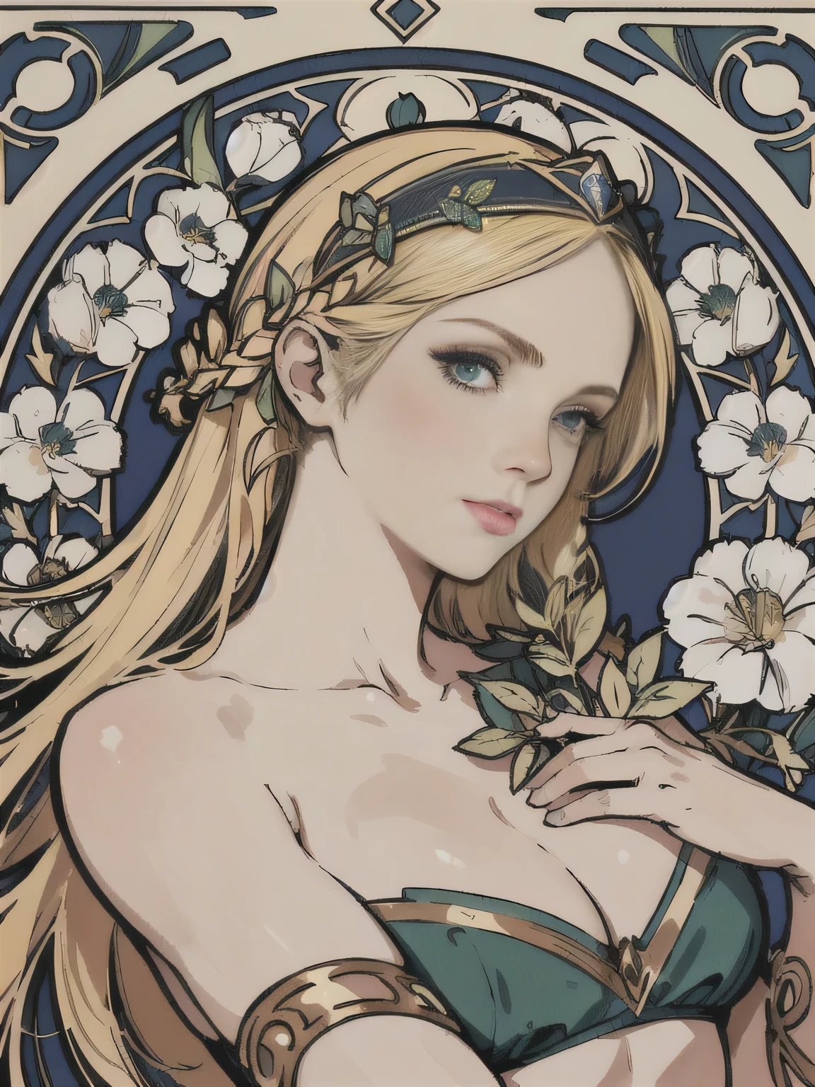 1girl, lux from leagueoflegends, lux lol, face portrait of a girl, long hair, blond, ultra-detailed hairstyle, green eyes, hair band, face focus,
floral frame, Decorative panels, abstract artistic, by Alphonse Mucha,
(Masterpiece, Best Quality, Highres:1.4), Detailed, Intricate Details, 4K, color splashes, fibonacci,