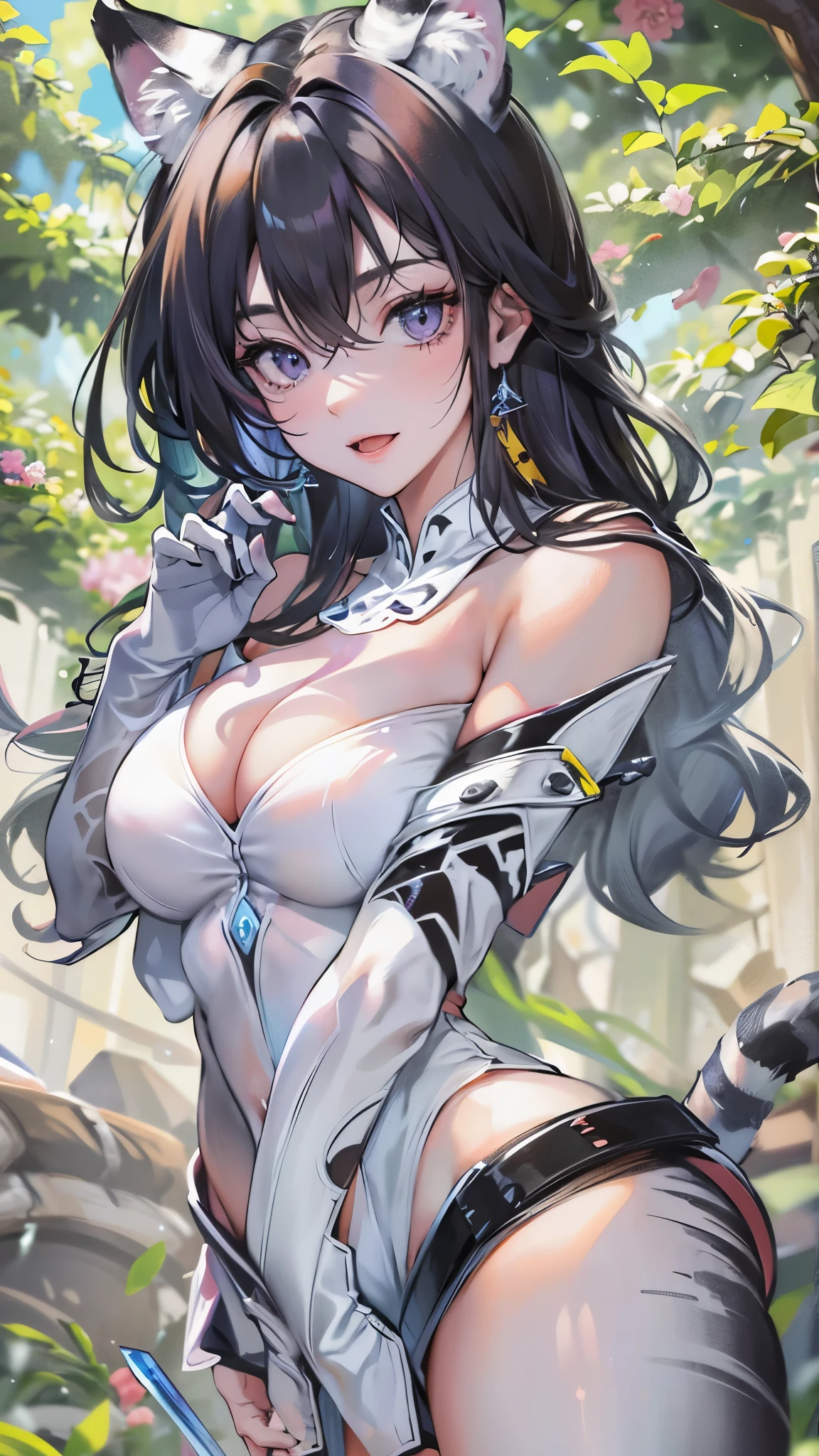 perfect anatomy, masterpiece:1.2, best quality, 8k, beautiful detailed grow, daydreaming expression:1.4, Precise and unmatched illustrations:1.3, (claw pose, hand is tiger hands) (solo straight black hair long hair lovely white tiger girl, sexy purple eyes, lovely smile, bigboobs), in a white tiger suit, head is White tiger ears, break, in the enchanted garden.