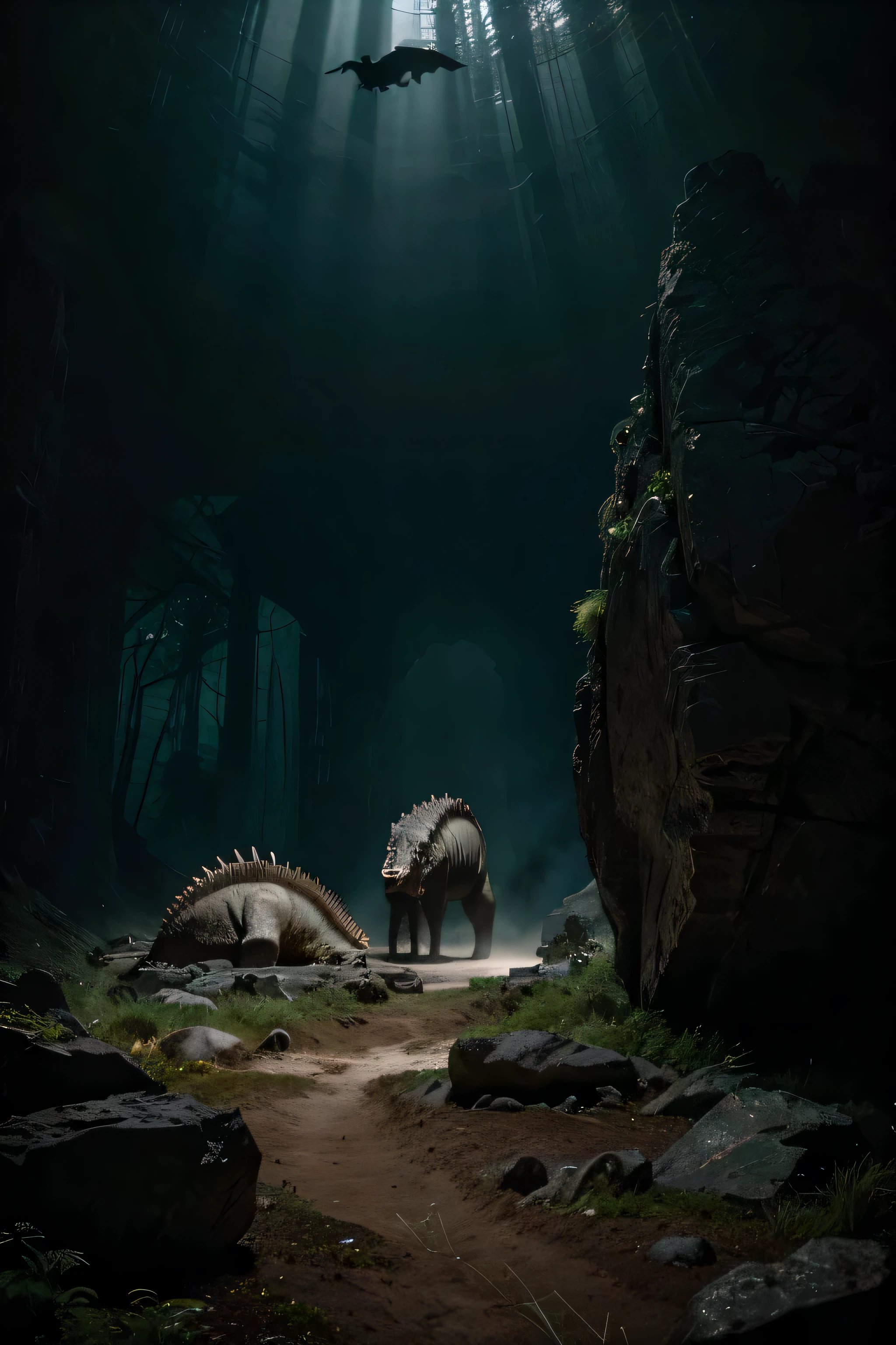 a cutscene, minimalist aesthetic with high textures and crisp elements, mélangeant des visuels de paysages dramatiques, silhouettes de dinosaures, et textures inspirées des temps préhistoriques. La palette de couleurs est riche en tons terreux, Verts profonds, et du blues aigre, unorganized but impactful, avec des effets de lumière ajoutant de la profondeur et du drame pour offrir une expérience immersive, educational experience. style brut
