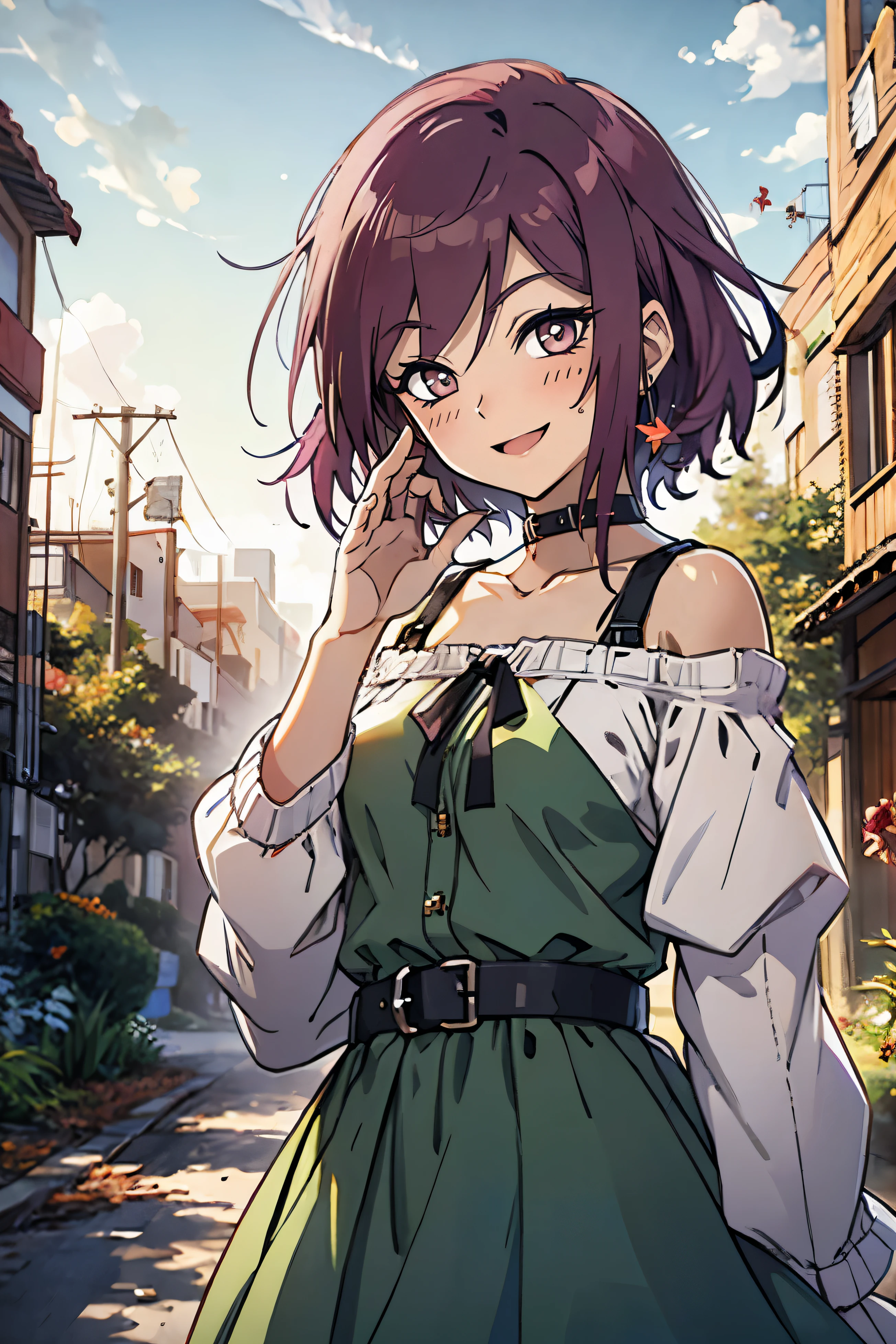 table top, highest quality, super detailed, Kisho, jigokuraku, 1 girl, reddish purple hair, gray eyes, Showa Town, Remains, bang, beautiful sky, shining sky, sunlight, smile, waving, Black belt, black choker, black ribbon, dress blowing in the wind, green dress, lace dress, wool sweater, off shoulder sleeves