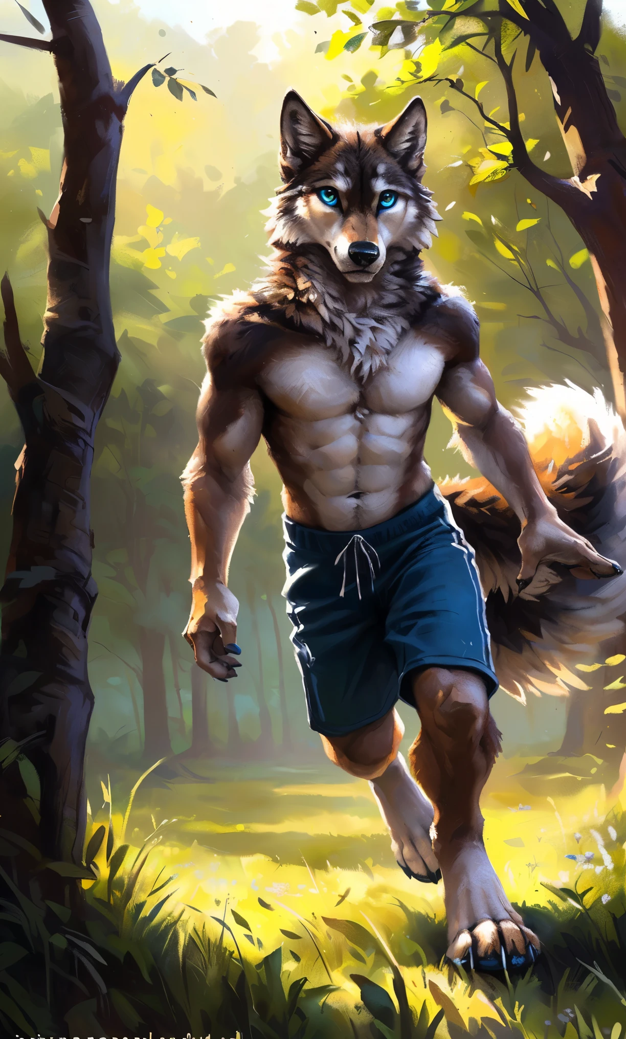 ((Solo)), male people, anthro wolf, (Multi-colored fur, White-brown:1.3,White tail pointed), (Height 2.1m,Tail length 1.2m), ((Wolf face, Big eyes, White eyelids, Blue pupil, Slim:1.2) (Tough, Calm expression:1.2)), Abs, Slim, pinging)), (Correct anatomy), (Work shorts:1.1), The upper body naked, (detailed outfits),A long big tail,Feet,(Realistic fur, Detailed fur texture, labeled:1.3)), (Natural lighting), Photorealistic, Hyperrealistic, ultradetailed, by Kenket,Field,erect through,Running on