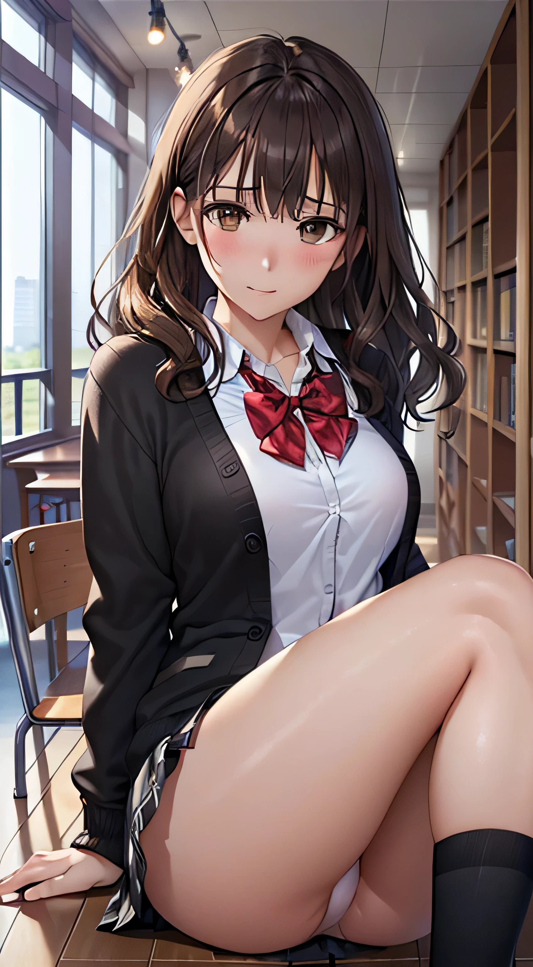 (table top, highest quality, High resolution, , perfect pixel, 4k,), 1 girl, single, alone, Beautiful woman、I could see the whole body、 ((wavy middle hair, bangs, brown hair)), ((brown eyes, beautiful eyelashes, realistic eyes)), ((detailed face, blush:1.2)), ((smooth texture:0.75, realistic texture:0.65, realistic:1.1, Anime CG style)), medium breasts, dynamic angle, perfect body, ((red bow tie, school uniform, black jacket, open jacket,cardigan, white shirt, black skirt, shirt unbuttoned、plaid skirt)), upper grade、shy smile、In front of the bookshelves in the library、evening、Sit on the floor、(open your legs、get down on one knee、、floral lace panties、show panties)、