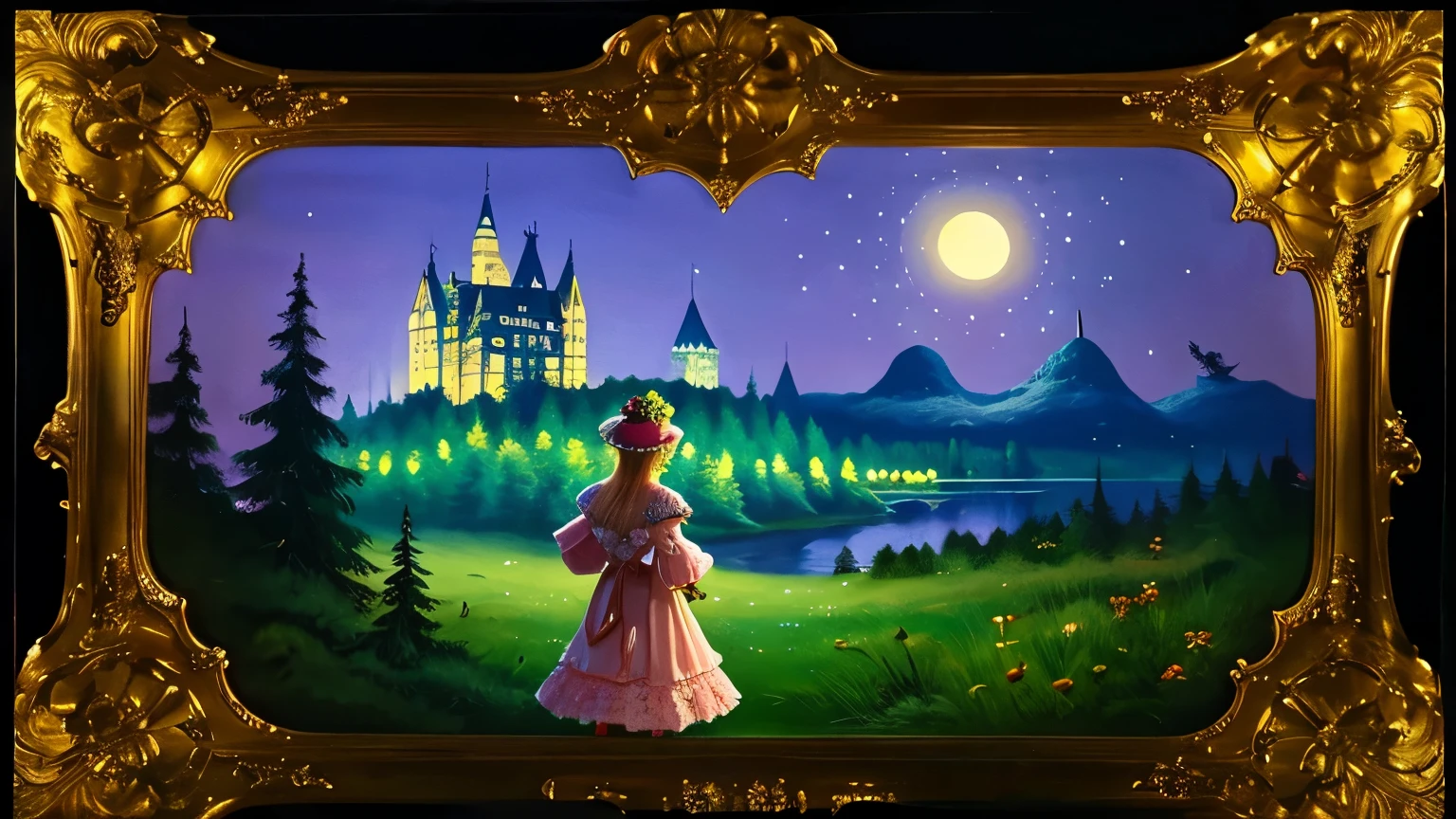 by Lotte Reiniger、A painting of a person standing in a forest at night with a castle in the background
