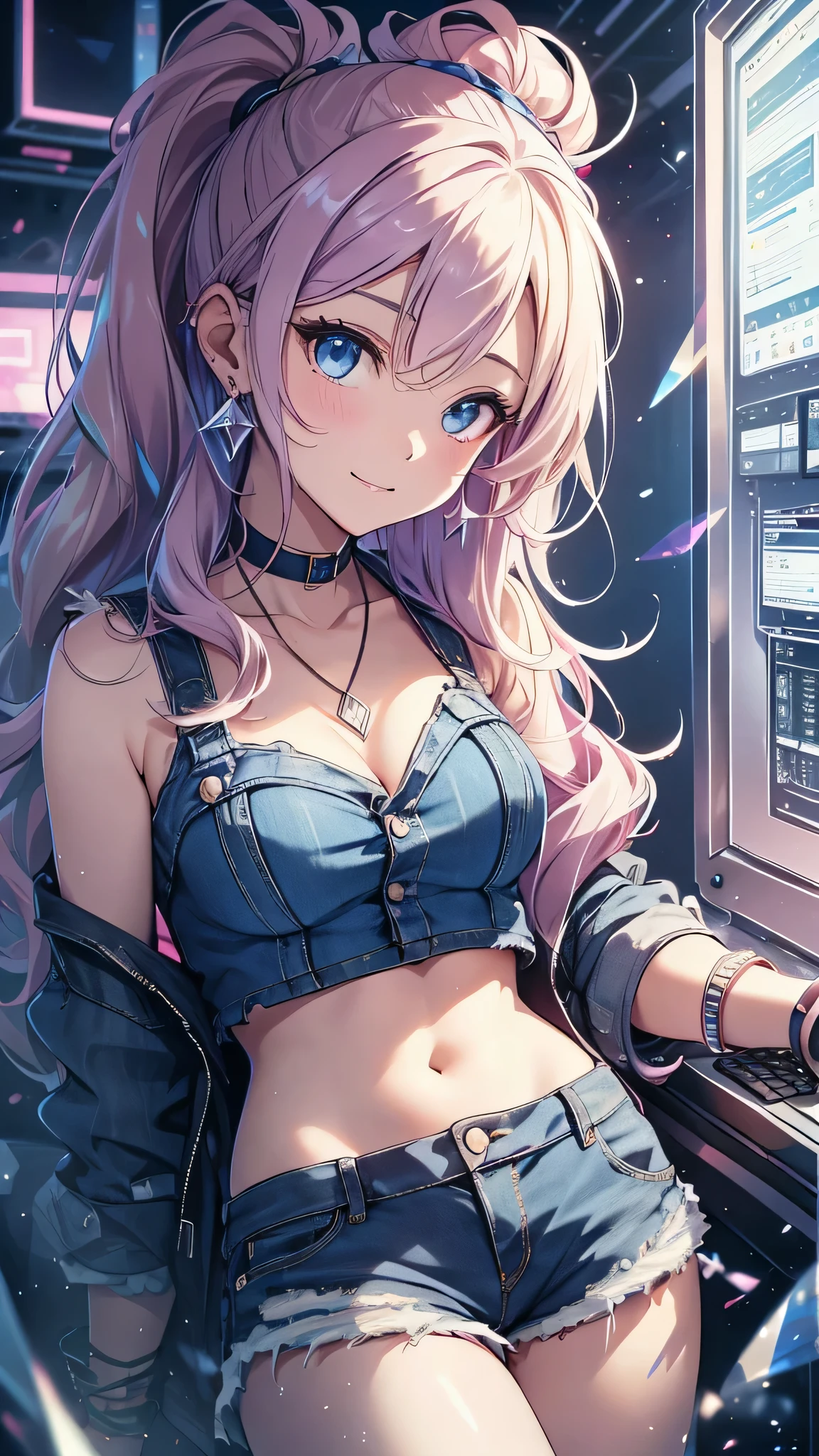 最high quality、best image quality、masterpiece、girl((20-year-old、 By becoming、vest bust、medium bust,wide open breast tea、shining eyes, neon hair、long hair、thin,highest valley、ponytail、Damaged Denim Shorts、black navel shirt、Damaged Denim Jacket、smile、full body tattoo,diamond earrings、Wristband、necklace、drink energy drink、leaning forward、elation)),high quality、beautiful art、background((Hacker Room、server room、neon lighting、computer stand、Laptop))、Flight、debris flies、Depth of written boundary、movie、visual art、perfect art、8k,genuine、