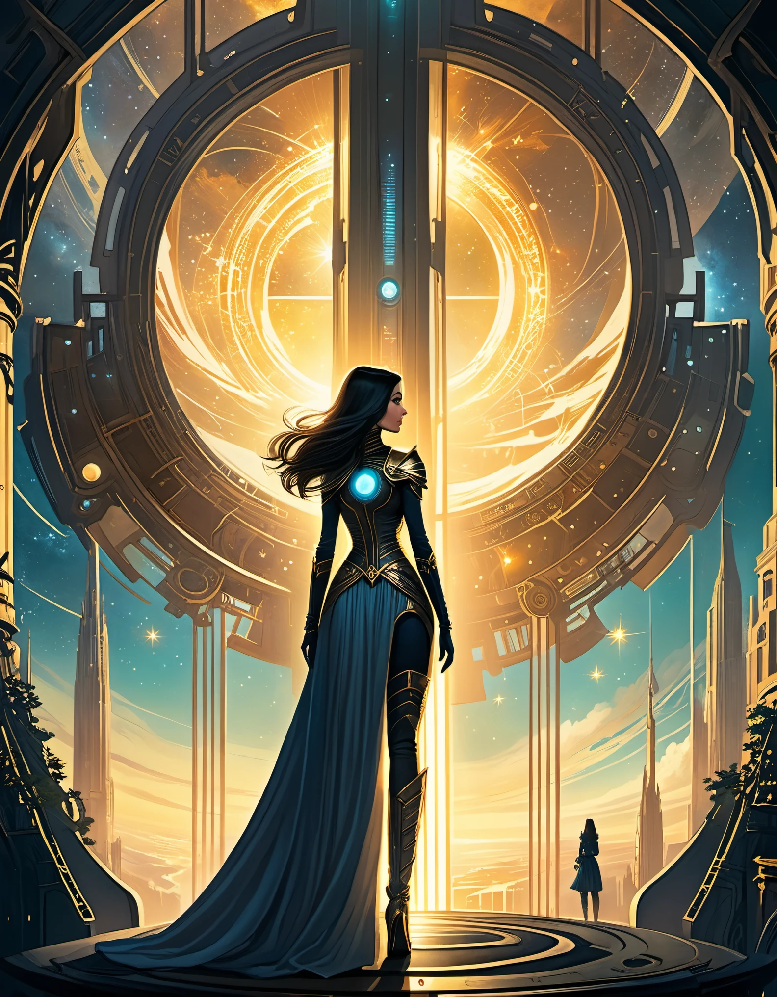 in style of Dan Seagrave, beautiful details，in style of Caia Koopman, beautiful details，Star Observation Tower，Heroine，Ancient，Retro，