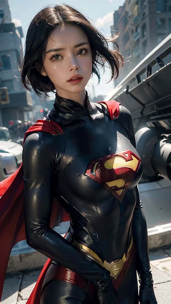 Woman wearing detailed SuperMan costume with full sleeves covering the entire body, short black hair, serious face, (flying in sky), vivid colors, dramatic lighting, red cape, cinematic costume, carbon fiber detailed suit,