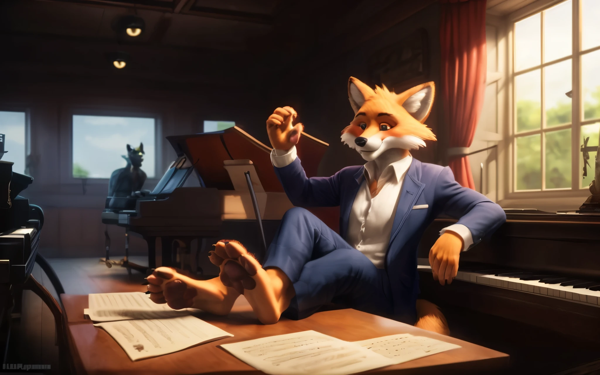 (((Barefoot furry character, full body, cinematic setting,))) furry male music teacher, nice fox feet paws with pawpads BREAK, detailed background, 8K, (masterpiece:1.5), intricate details, highly detailed, extreme detail, octane render, tritone image, fine art, best quality, highres, (detailed face:1.5), ((full_body)), UHD, (((perfect hands)))