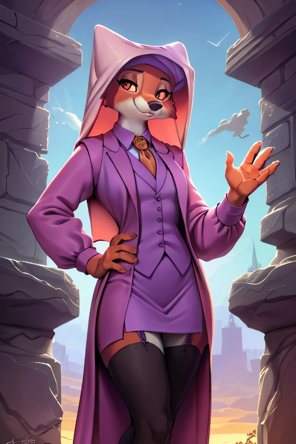 best quality, furry, anthro, animal nose,  maidmarian, smile, orange eyes, fox, waving, skirt suit, (((three-piece suit))), necktie, blazer, suit jacket, waistcoat, bodycon skirt, showing off, showing leg, ((((holding lapel)))), detailed hand, exterior, retrato con gran apertura, cool tones, fuerte impacto visual, espacio en blanco, contraste de luces y sombras, Super texture, resplandor del atardecer, Super clear image, imagen sencilla