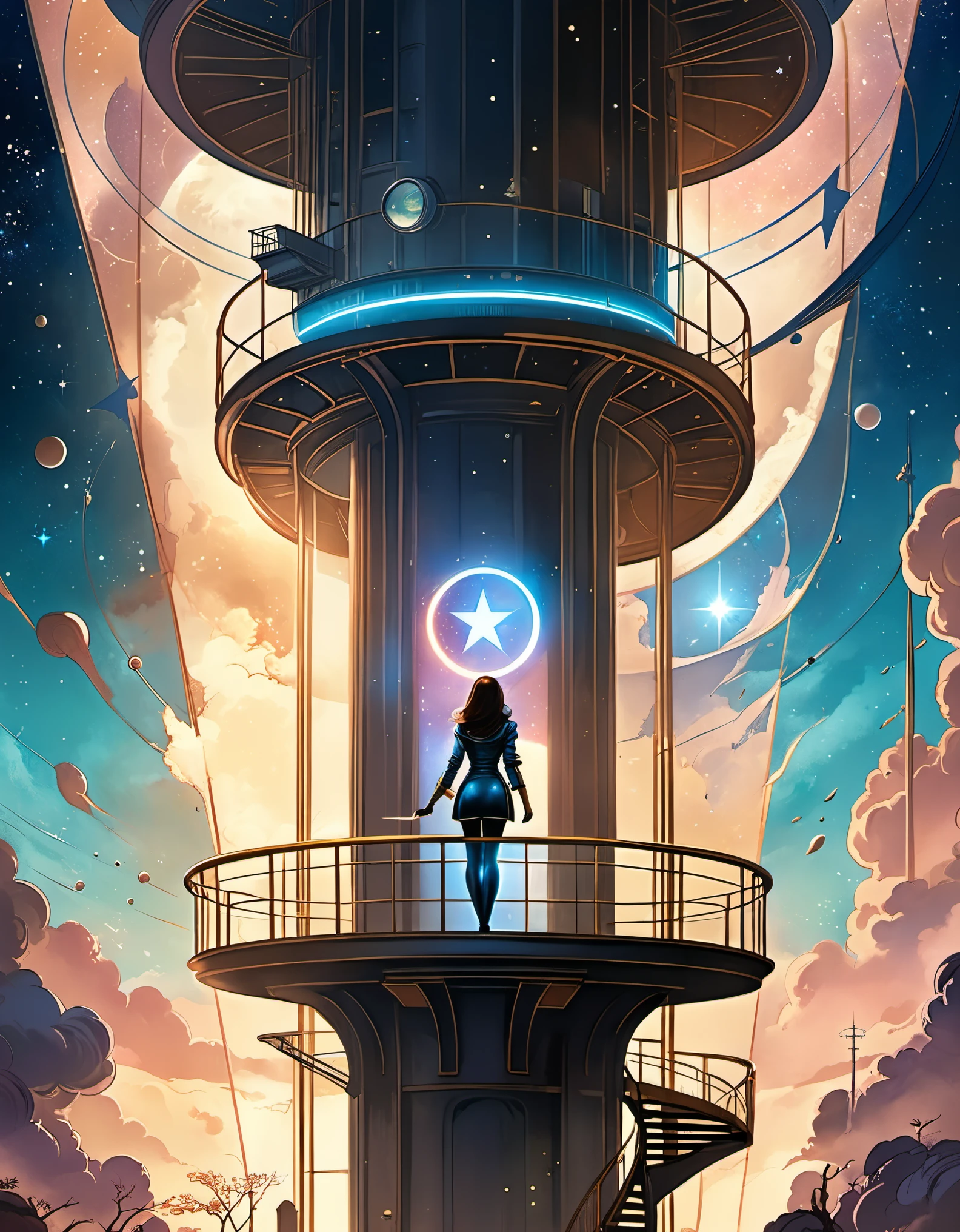 in style of Dan Seagrave, beautiful details，in style of Caia Koopman, beautiful details，Star Observation Tower，Heroine，Ancient，Retro，Cartoon photography combined