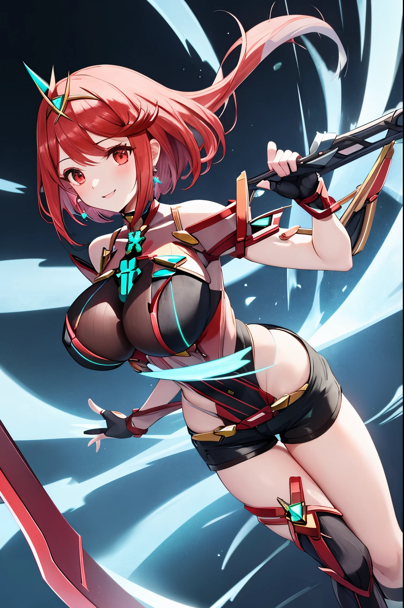 pyra \(xenoblade\), _1girl, , bangs, black gloves, breasts, red eyes, shout, earrings, eyelashes, fingerless gloves, floating hair, , gem, gloves, hair ornament, headpiece, jewelry, big_breasts, leaning back, swimsuit, neon trim, official art, pose, red hair, saitou masatsugu, short_ponytail, sidelocks, skin tight, solo, swept bangs, thighhighs, tiara, fantasy_town_background, underbust, xenoblade chronicles \(series\), (xenoblade chronicles 2), (spread_legs:1.1), fire_effect,dynamic_posing,light_smile, big_ass,huge_sword, hold_large_sword_hilt, covered_nipples, covered_pussy, fists,beautiful_fingers,(solo:1.1), bare_shoulder,(shoulder_naked:1.2), (very_short＿shorts:1.3),(lise_leg:1.4)