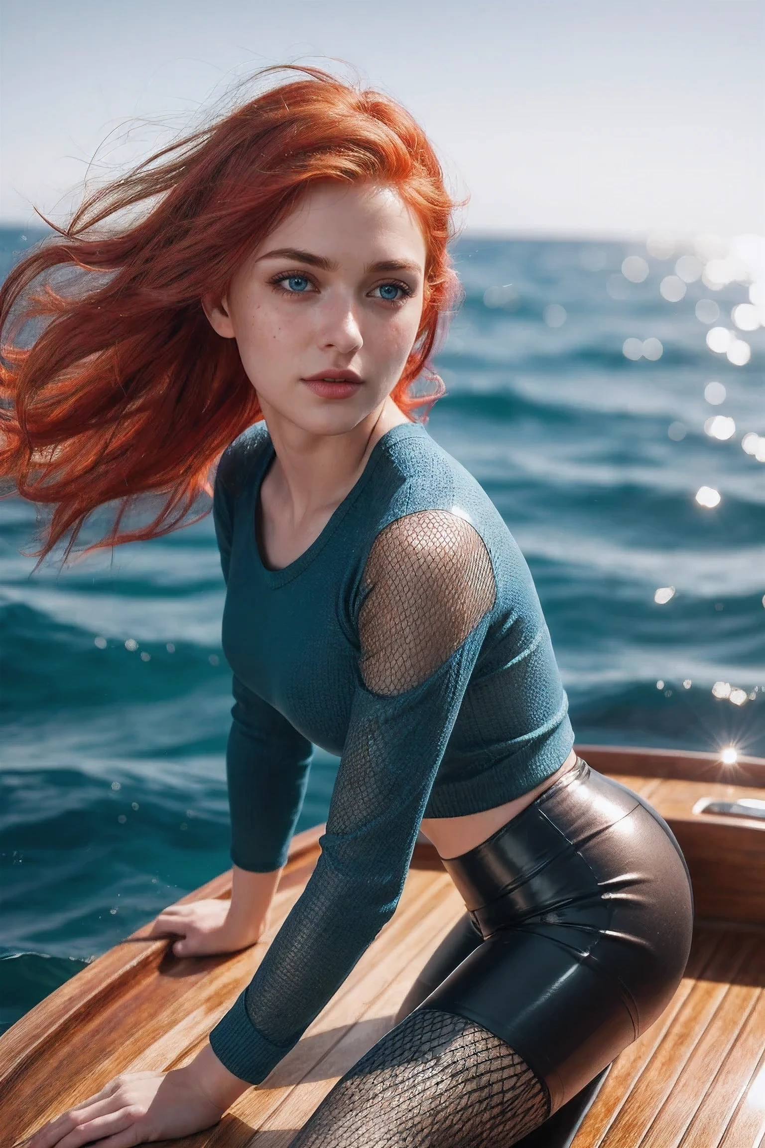 4k, 8k, ultra high definition, raw photo in HDR, sharp focus, complex texture, (round face)(,Stuffy eyes),(blue eyes),(straight eyebrows),Smooth skin,skin blemishes, actual, Detailed facial features, Highly detailed face,Detailed background,Permanent installation in a wooden Boat in the ocean,ocean,Boat,wooden,Permanent installation,(fishnet shirt),(fishnet leggings),natural lighting,reflection in water,Detailed wood texture,ocean waves,Dynamic,(Red hair),sailor,20 years old