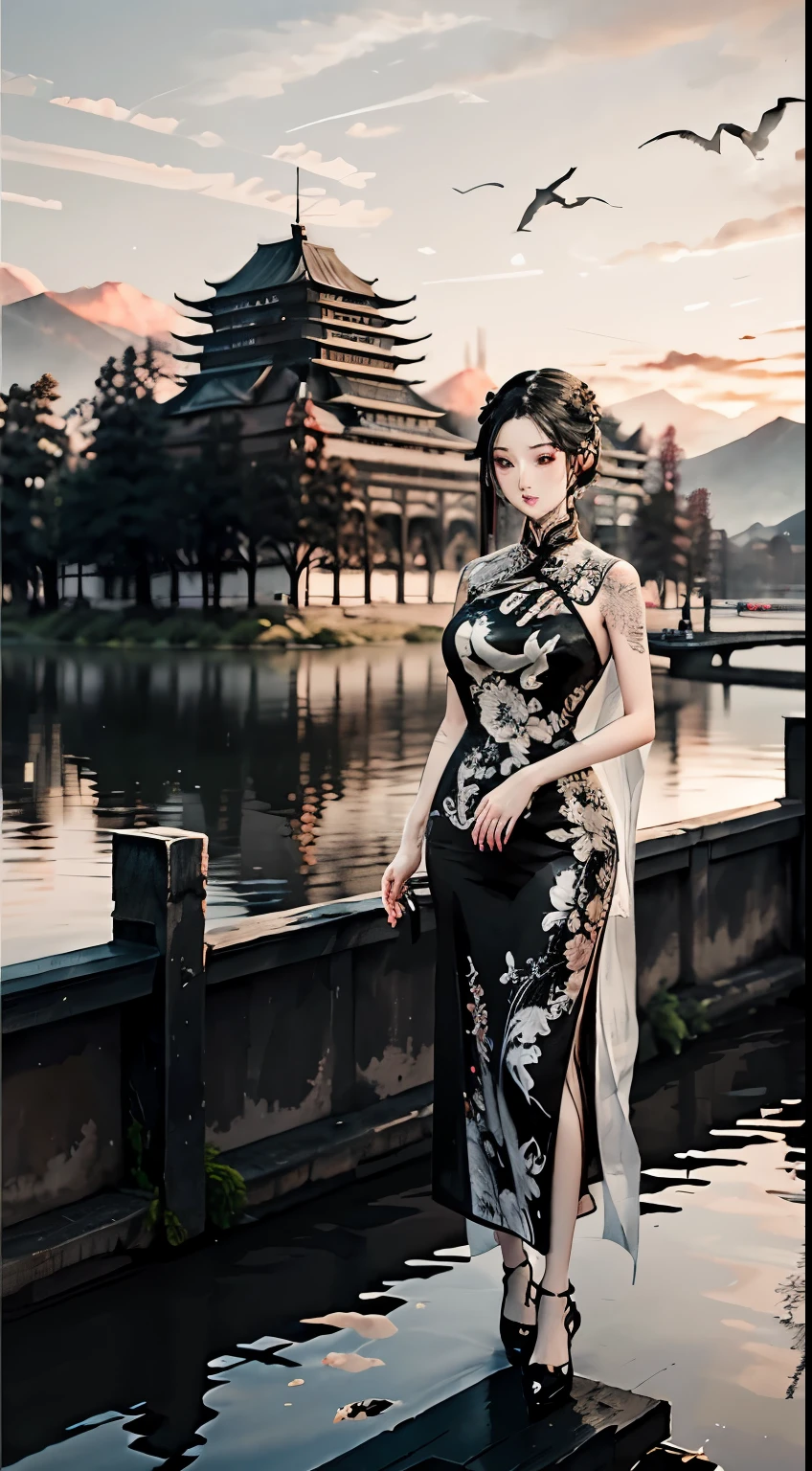 ink and watercolor painting，ink，water ink，（Black, white and gray：1.5），（Cheongsam beauty：1.4），Modern cheongsam，High heel，sunset，Wild geese in the distant sky，Ancient buildings are well-proportioned，masterpiece，Super fine，high quality，8k resolution