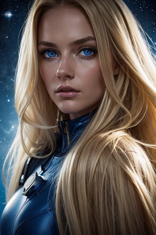 close-up of the scared face of a beautiful woman in a space suit, long blonde hair, beautiful blue eyes, dramatic composition in outer space, blue background, epic gold light, neo-baroque, hyperdetailed