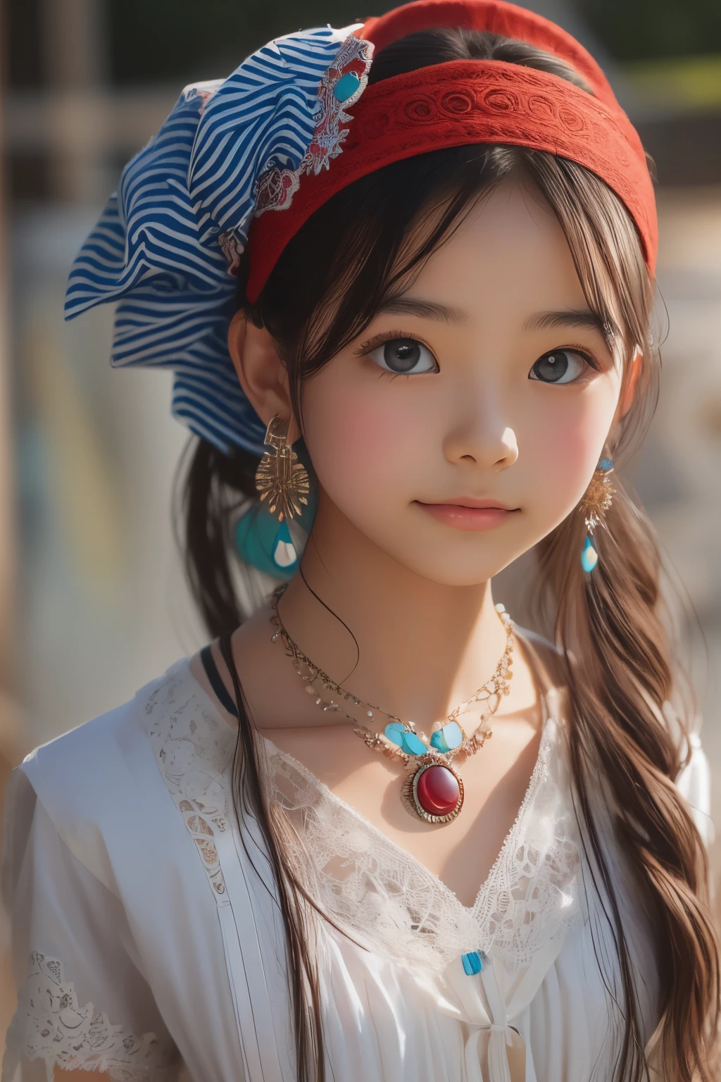 ((sfw: 1.4)), (sfw,She is wearing a long white embroidered skirt, a red blouse with lace, a white apron tied around her waist, blue socks, and brown leather shoes.A blue scarf is on her head. Yes, her accessories include necklaces, earrings, and bracelets. ponytail-hair, 1 Girl)), Ultra High Resolution, (Realistic: 1.4), RAW Photo, Best Quality, (Photorealistic Stick), Focus, Soft Light, ((15 years old)), ((Japanese)), (( (young face))), (surface), (depth of field), masterpiece, (realistic), woman, bangs, ((1 girl))