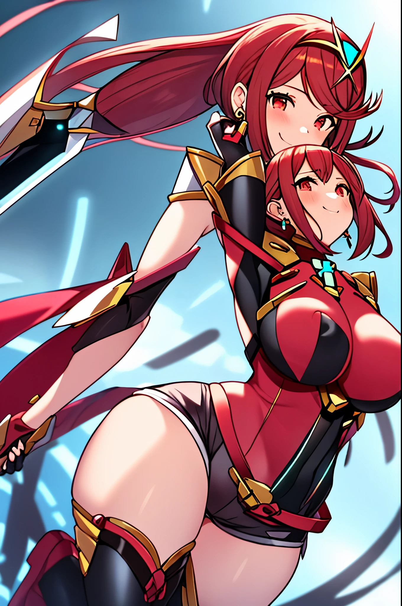 pyra \(xenoblade\), _1girl, , bangs, black gloves, breasts, red eyes, shout, earrings, eyelashes, fingerless gloves, floating hair, , gem, gloves, hair ornament, headpiece, jewelry, big_breasts, leaning back, swimsuit, neon trim, official art, pose, red hair, saitou masatsugu, short_ponytail, sidelocks, skin tight, solo, swept bangs, thighhighs, tiara, fantasy_town_background, underbust, xenoblade chronicles \(series\), (xenoblade chronicles 2), (spread_legs:1.1), fire_effect,dynamic_posing,light_smile, big_ass,huge_sword, hold_large_sword_hilt, covered_nipples, covered_pussy, fists,beautiful_fingers,(solo:1.1), bare_shoulder,(shoulder_naked:1.2), (very_short＿shorts:1.3),(lise_leg:1.4)